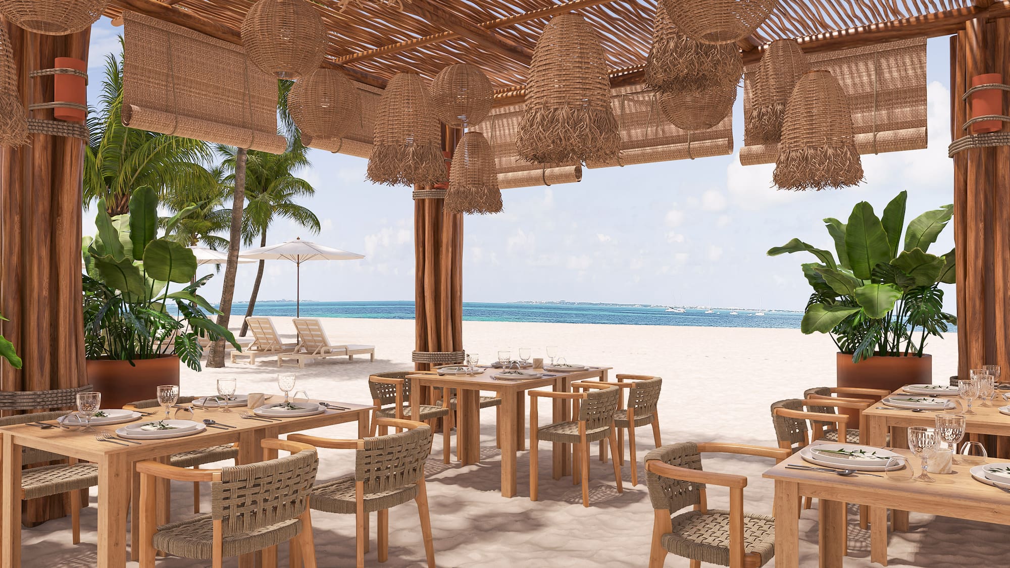 Restaurante de playa tropical con mesas de madera, vistas al mar y palmeras.