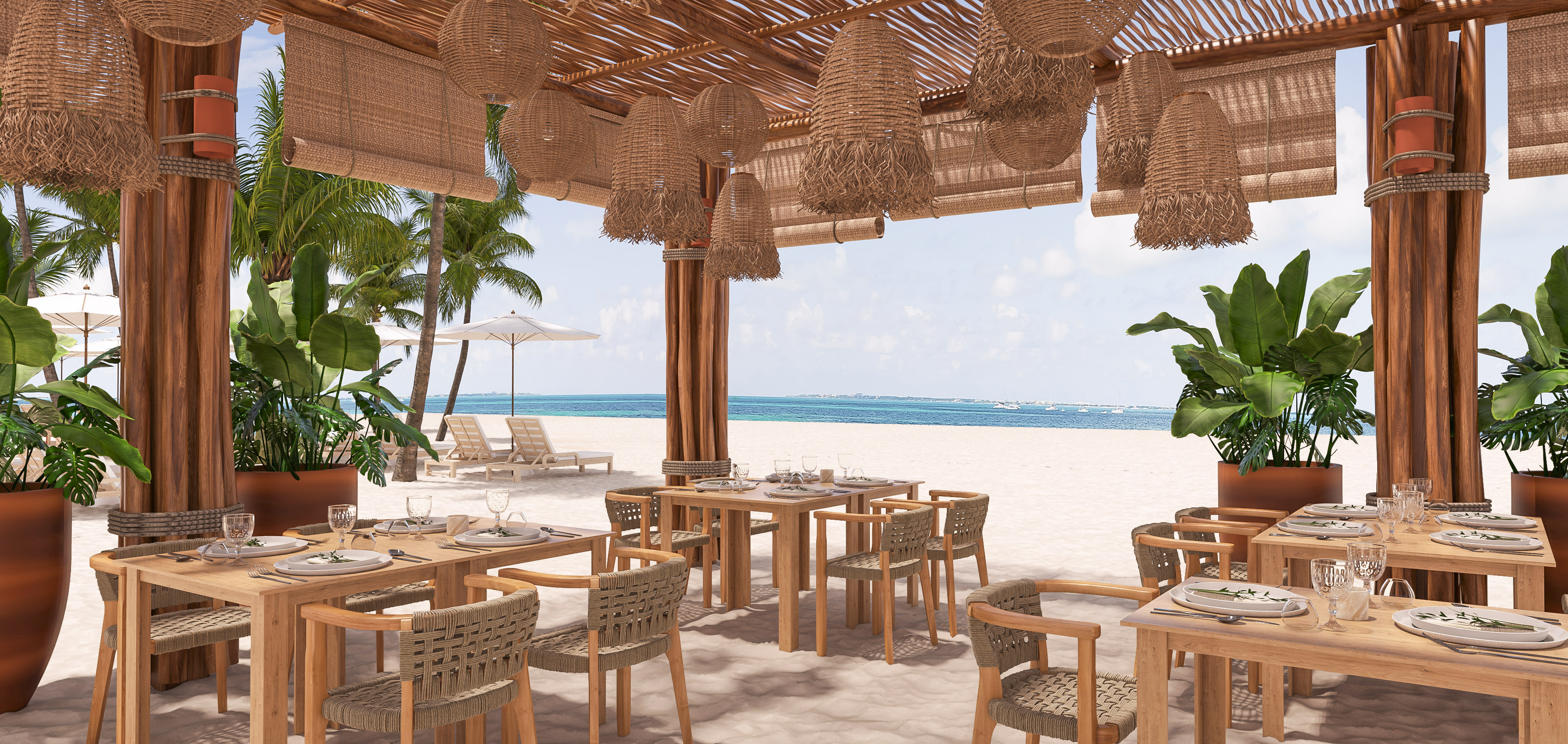 Restaurante de playa tropical con mesas de madera, decoración de mimbre y vistas al mar.