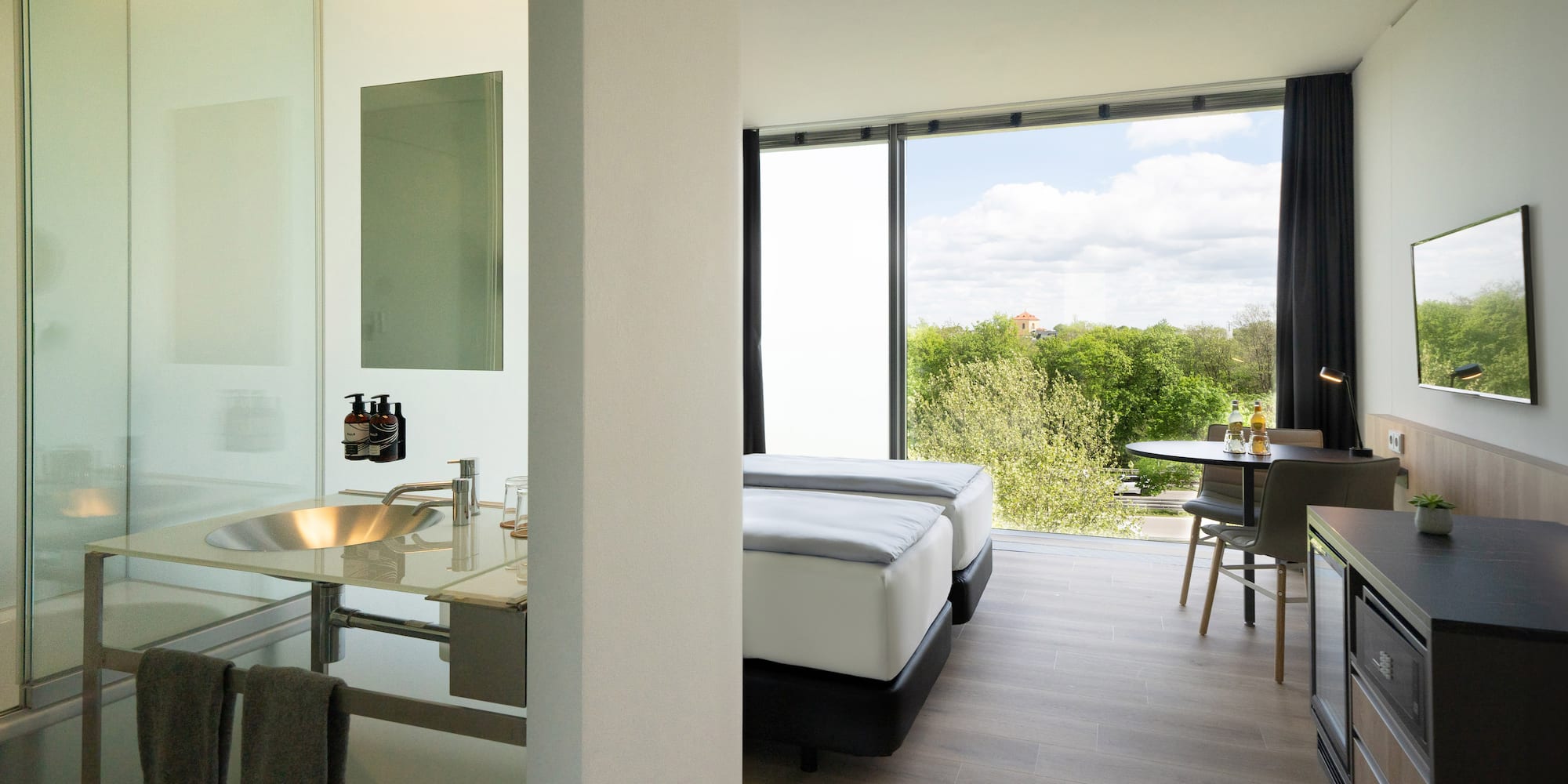 a room with a table and chairs