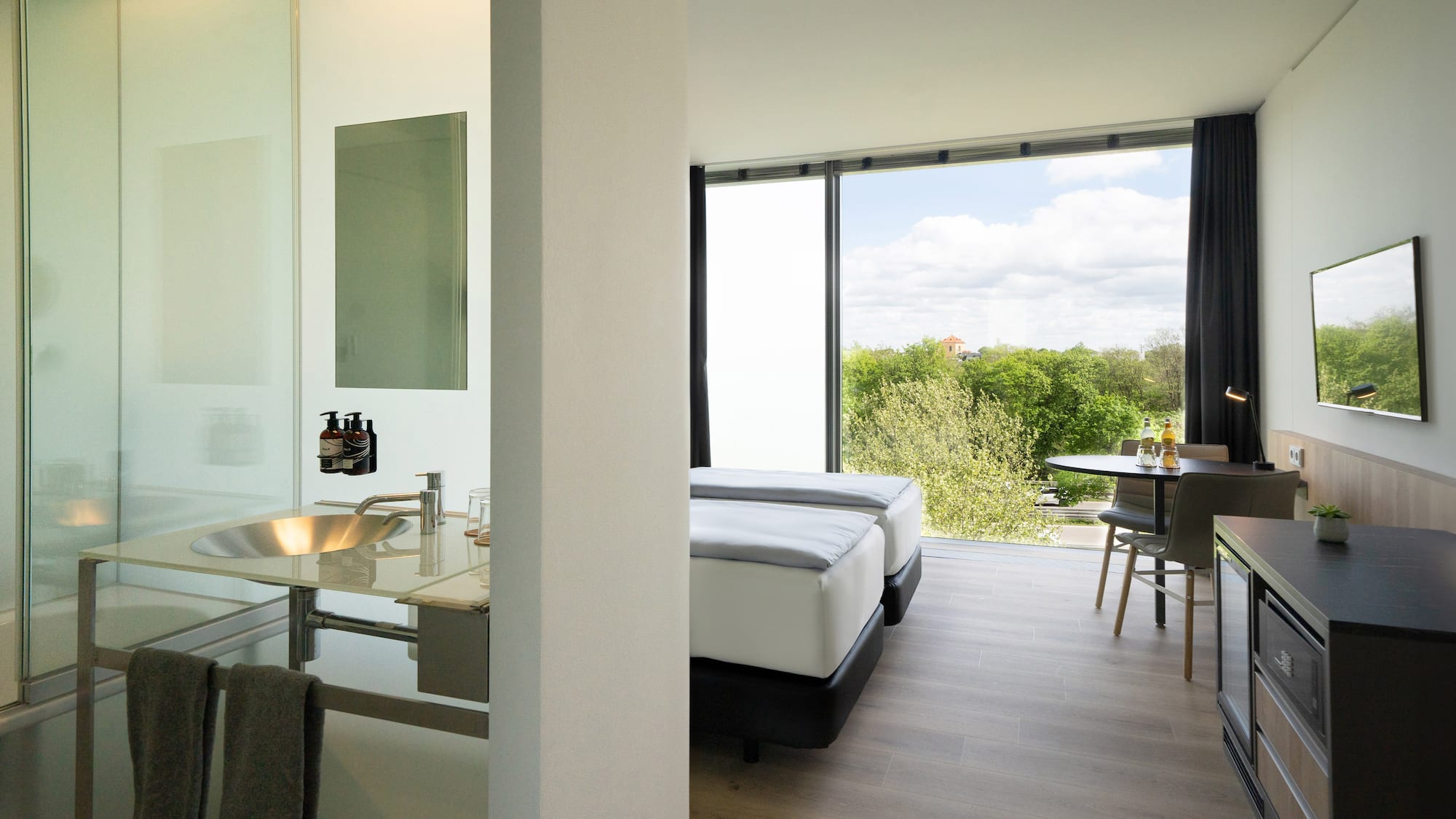 a room with a table and chairs