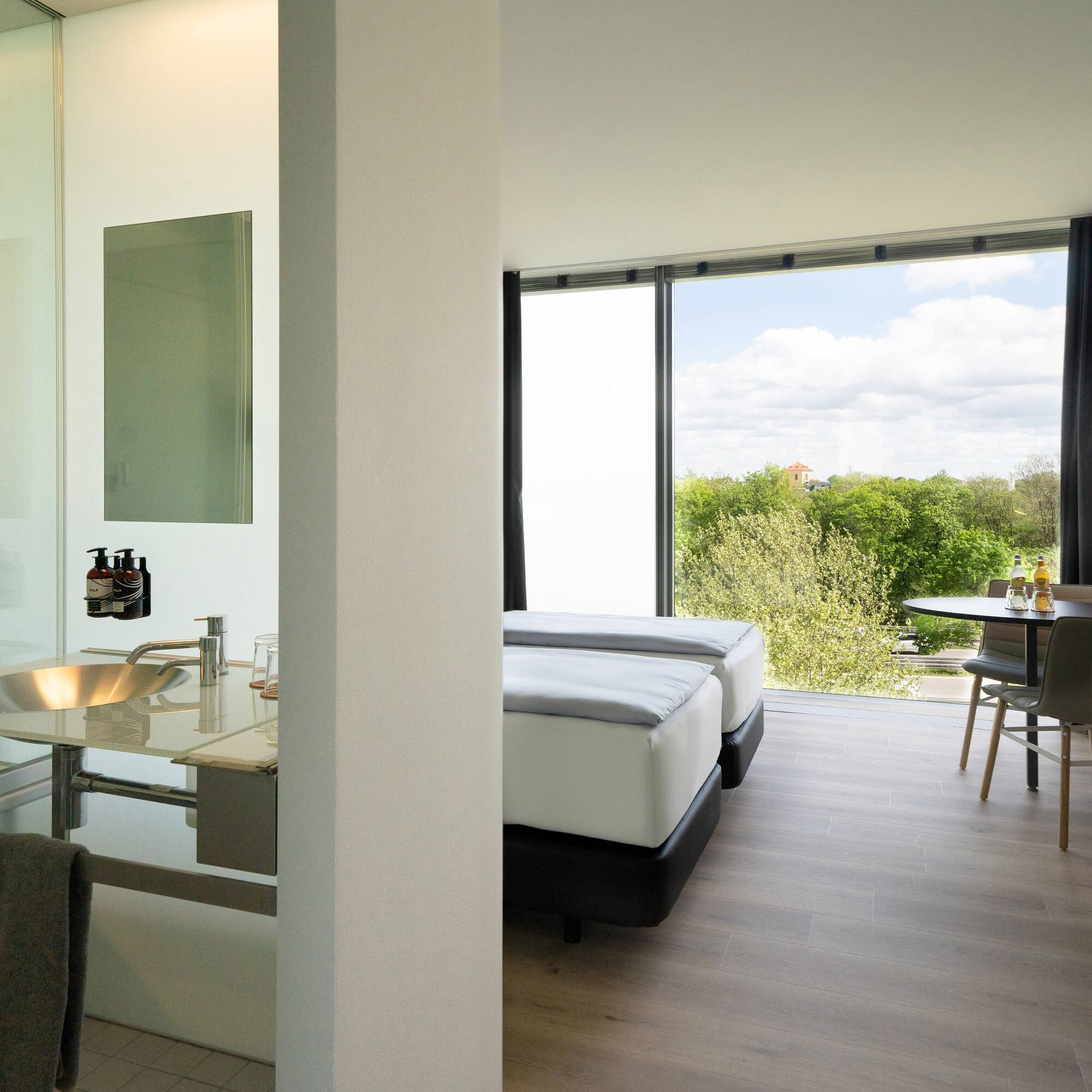 a room with a table and chairs