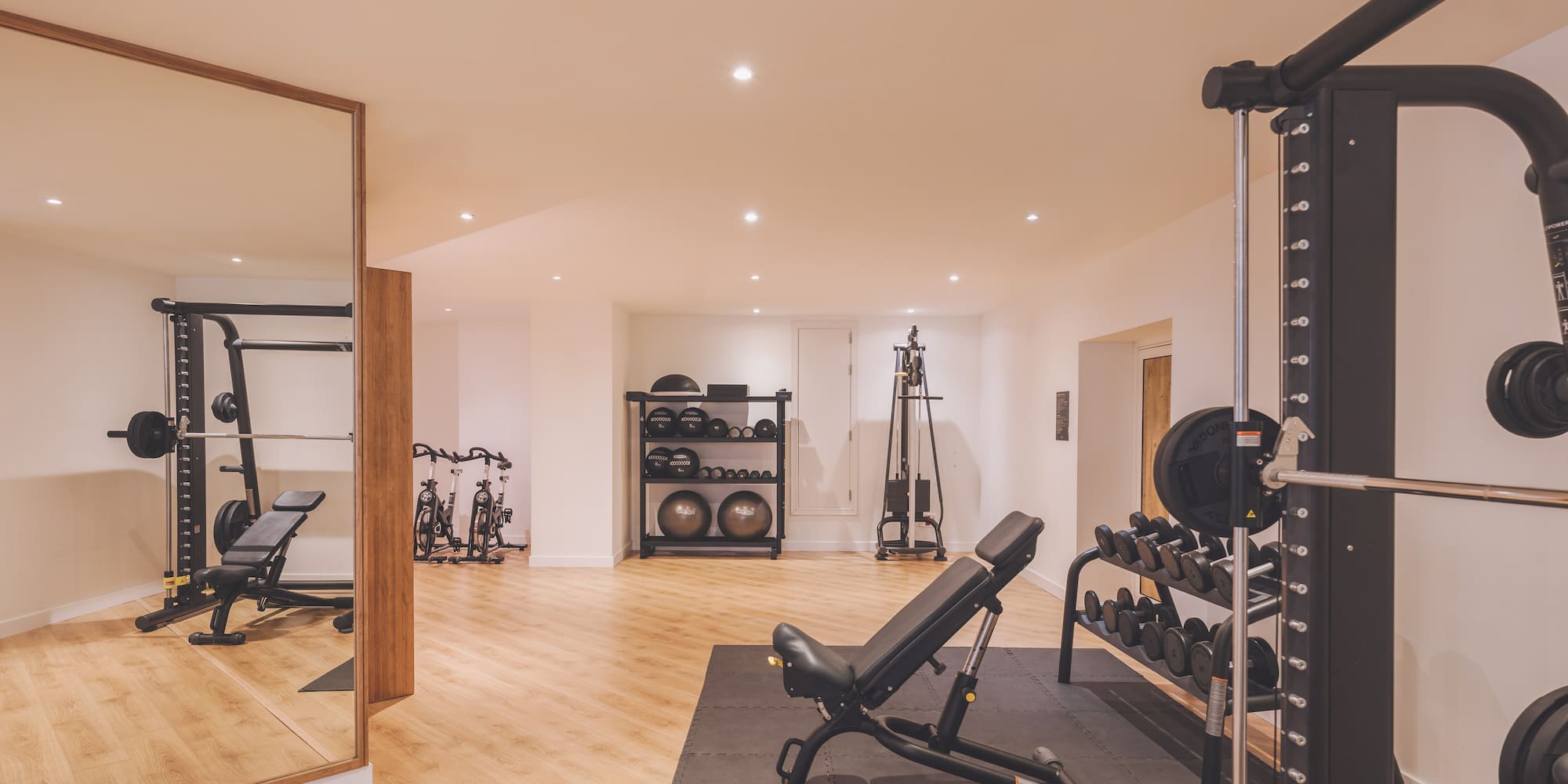 Modern home gym with free weights, benches, and cardio equipment.