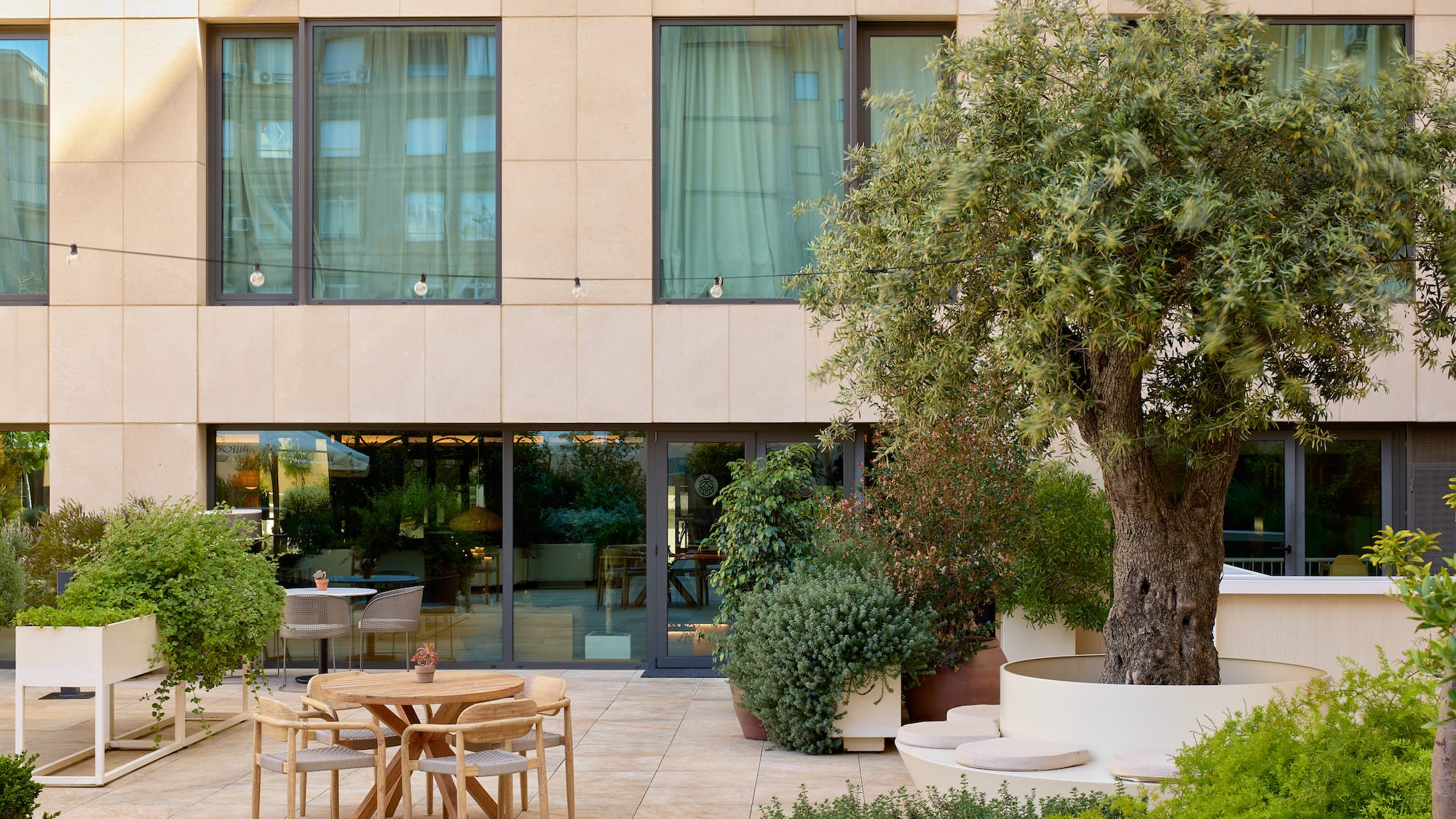 a building with a tree and chairs