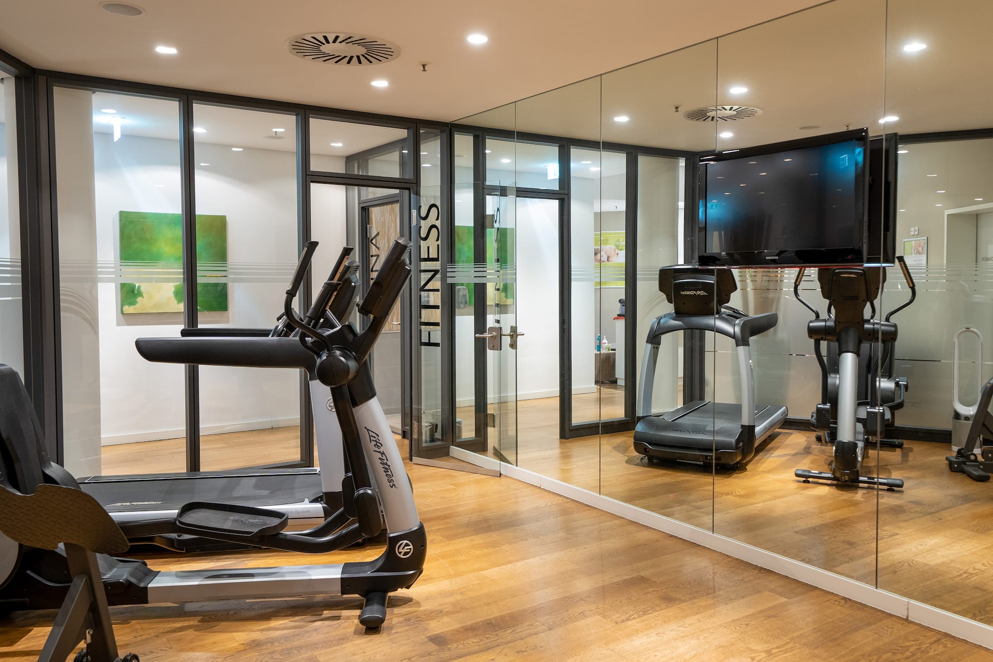 Modern fitness room with elliptical, treadmill, wooden floor, and glass walls.
