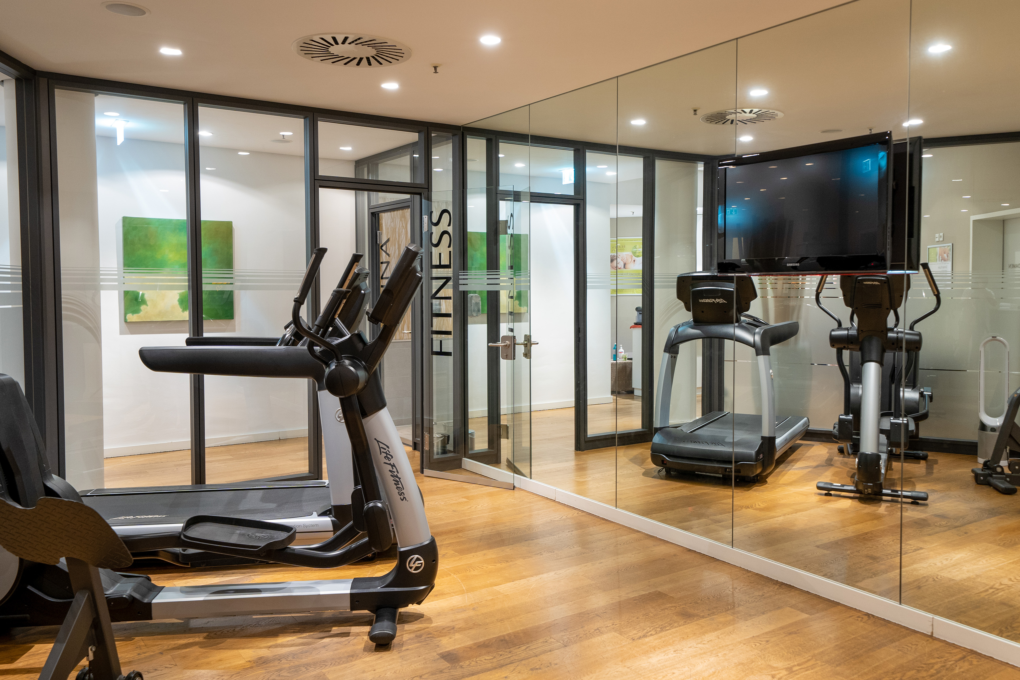 Modern fitness room with elliptical, treadmill, wooden floor, and glass walls.