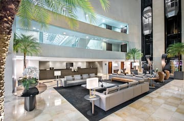 Modern hotel lobby lounge with reception, indoor palm trees, and glass elevators.