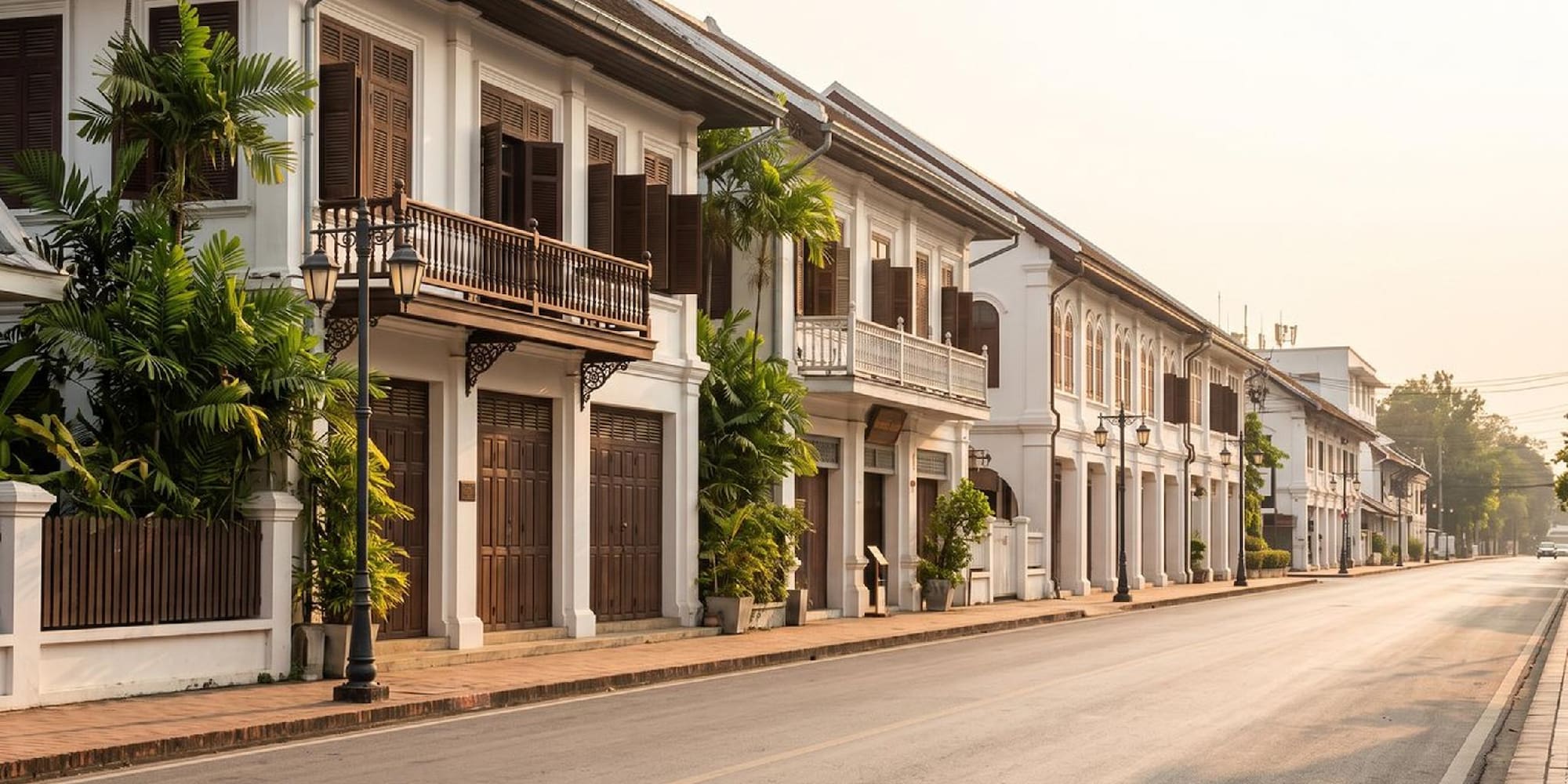 White colonial buildings with brown shutters and balconies on a quiet street.