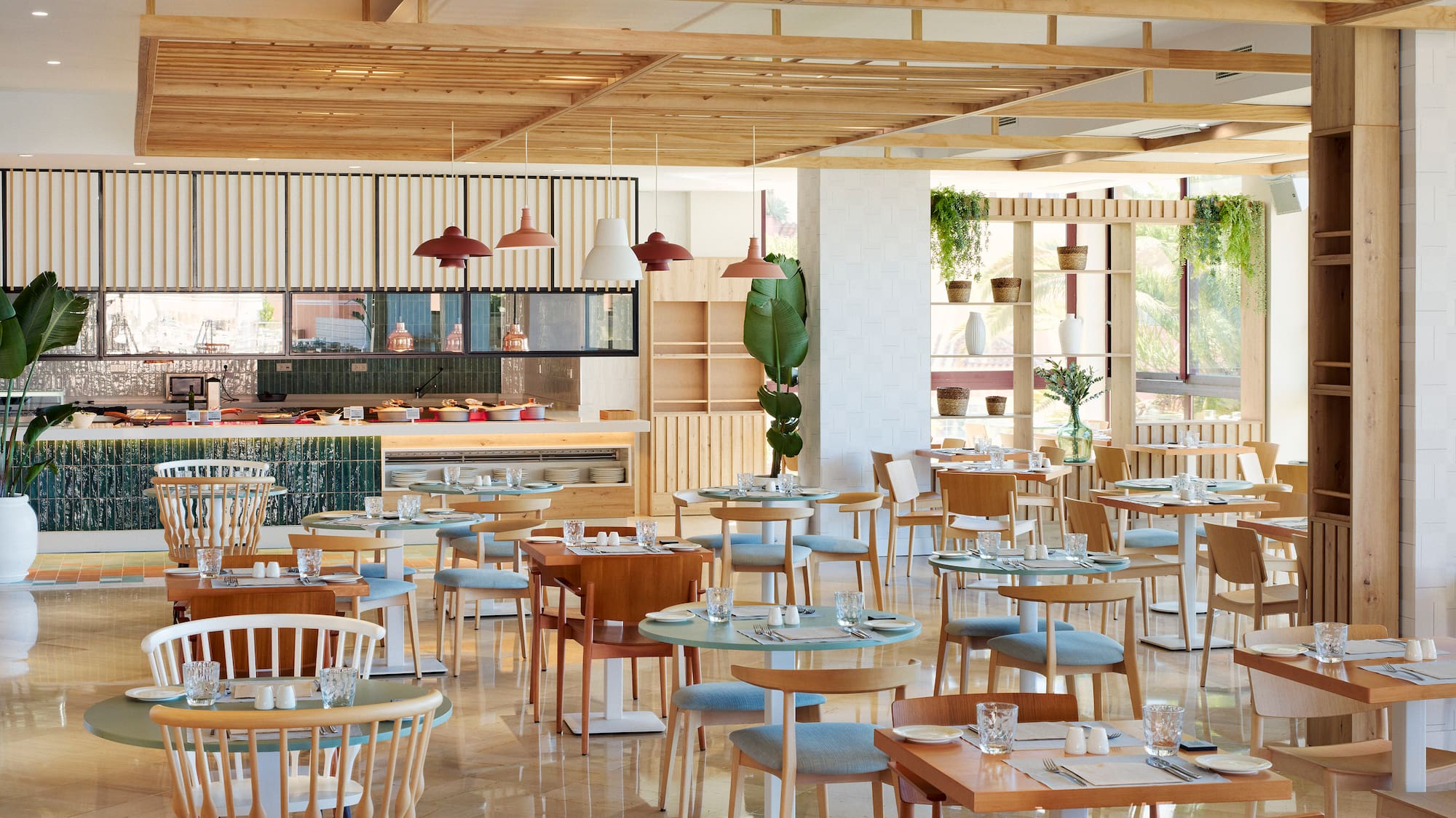 a room with tables and chairs