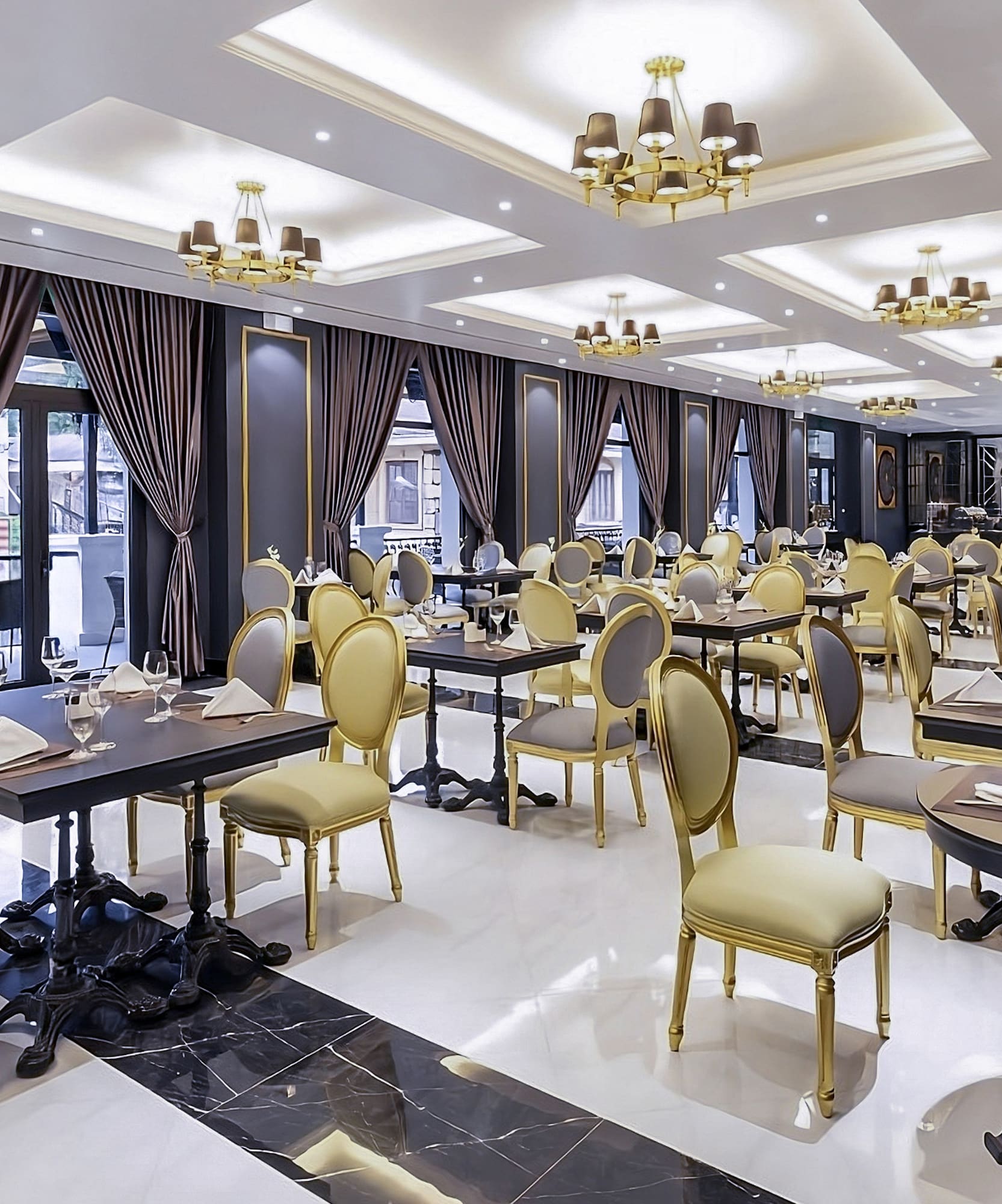 a room with tables and chairs