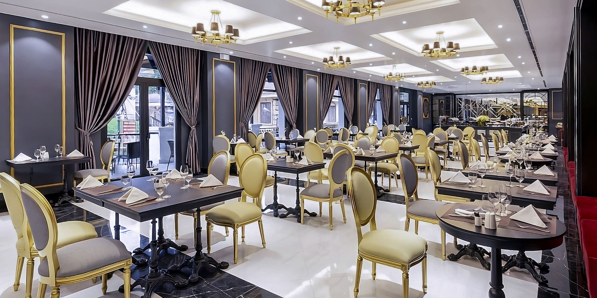 a room with tables and chairs