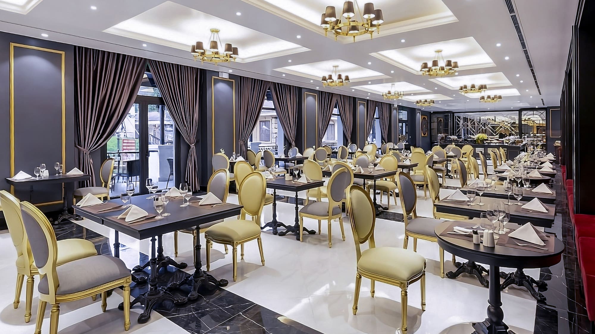 a room with tables and chairs