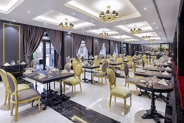 a room with tables and chairs