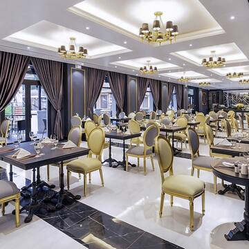 a room with tables and chairs