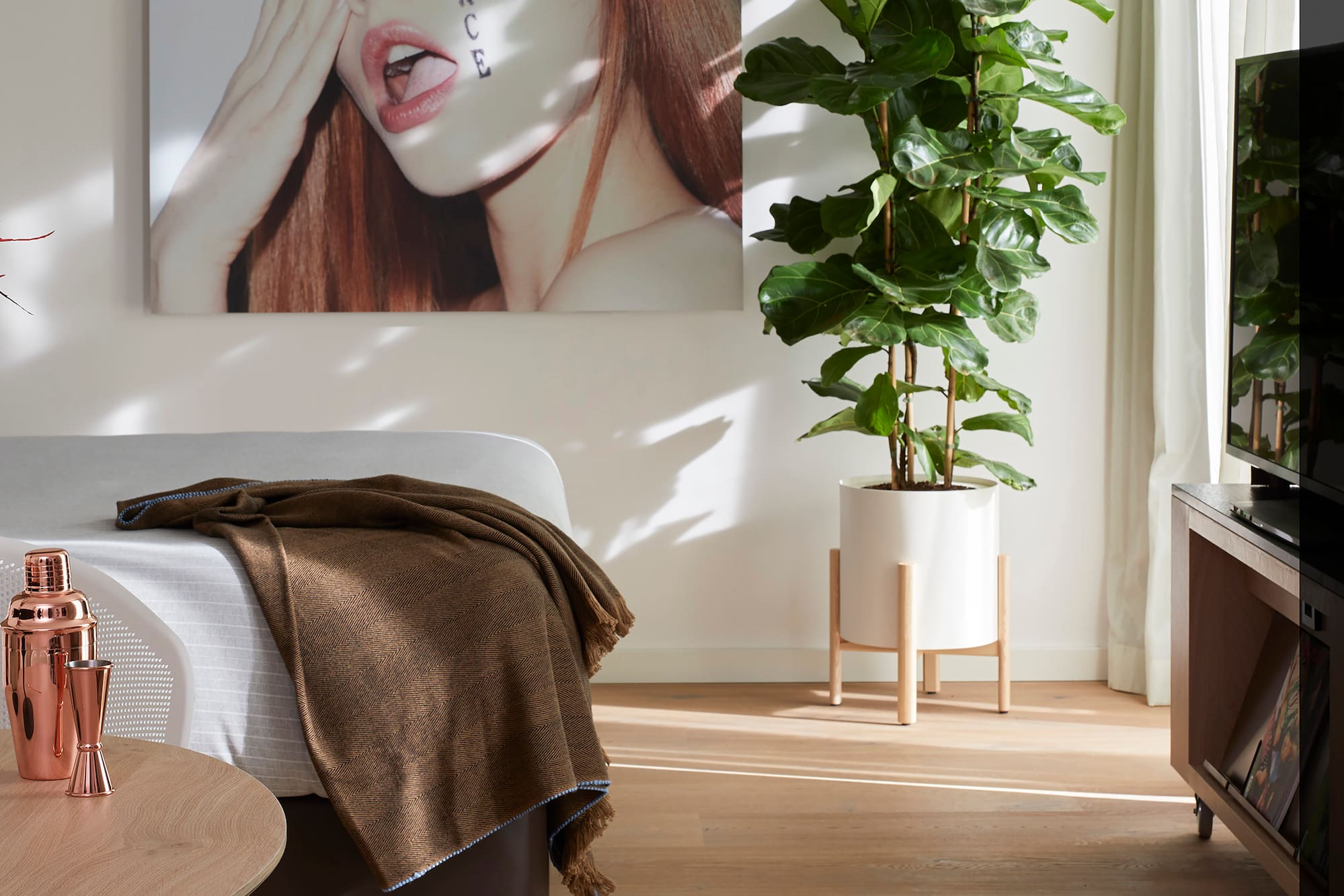 a plant in a pot next to a bed