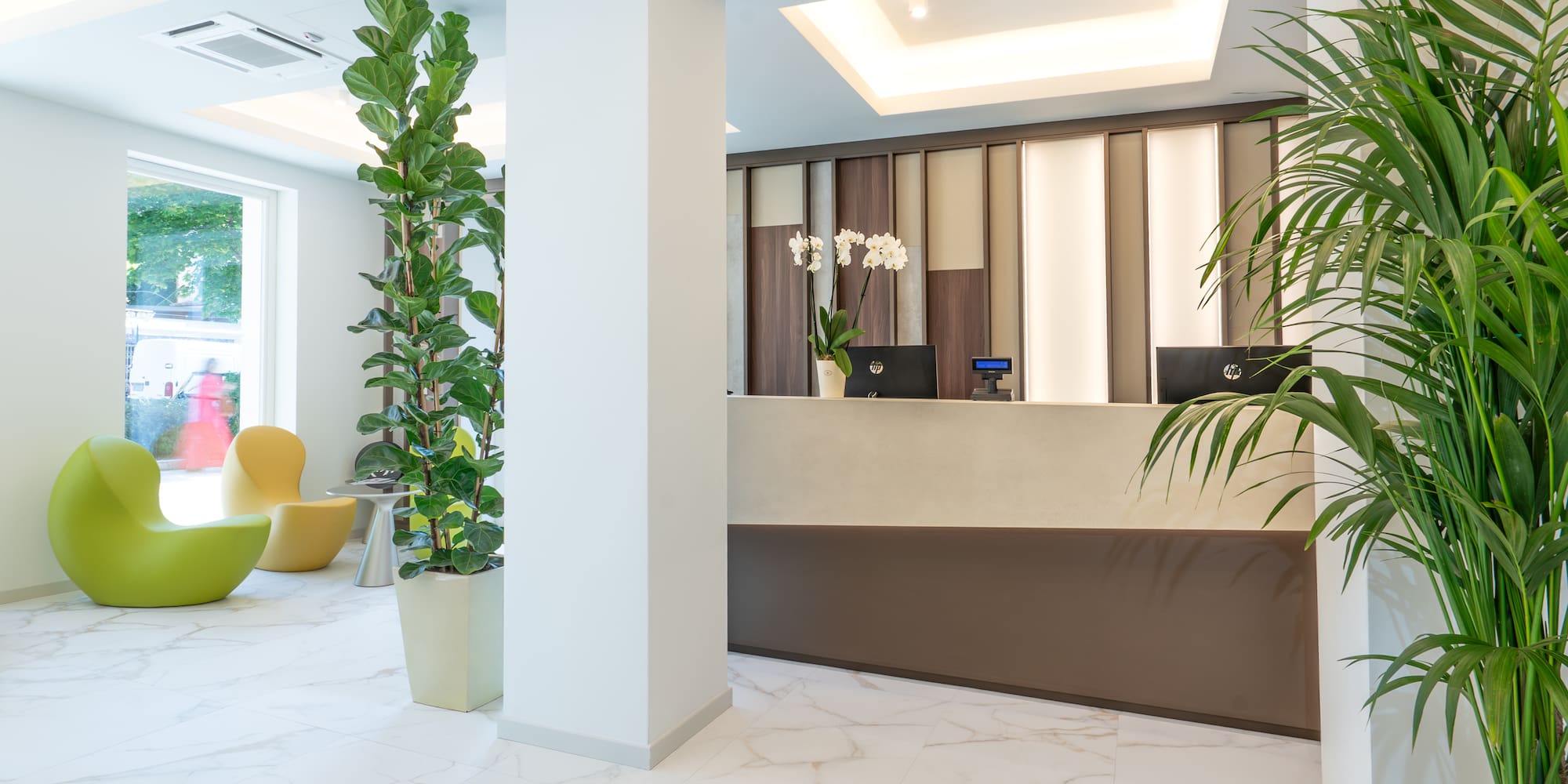 a reception desk in a room