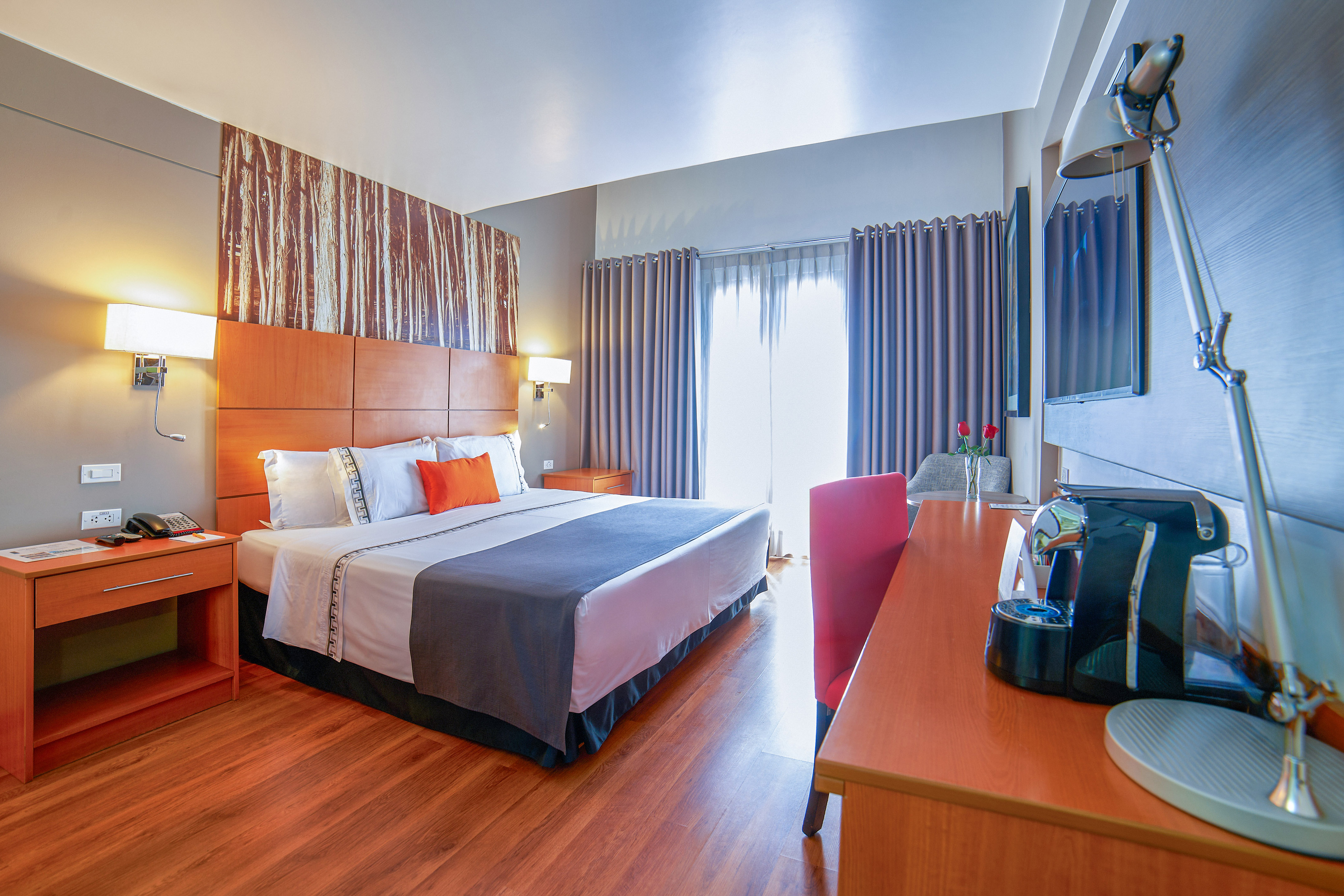 a room with a bed and a desk