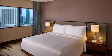 a bed in a hotel room