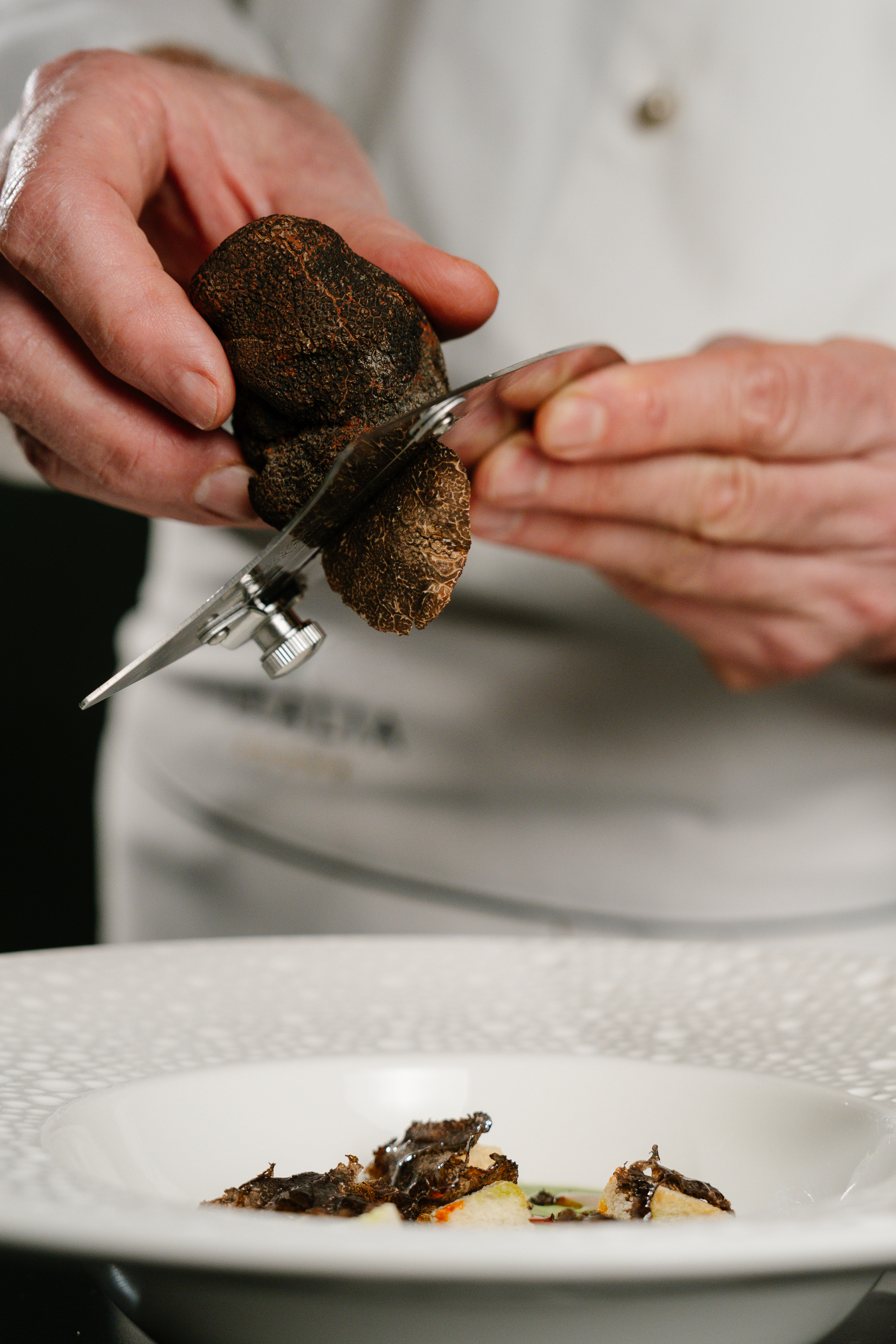 Chef hands shaving black truffle with a slicer onto a white gourmet plate.