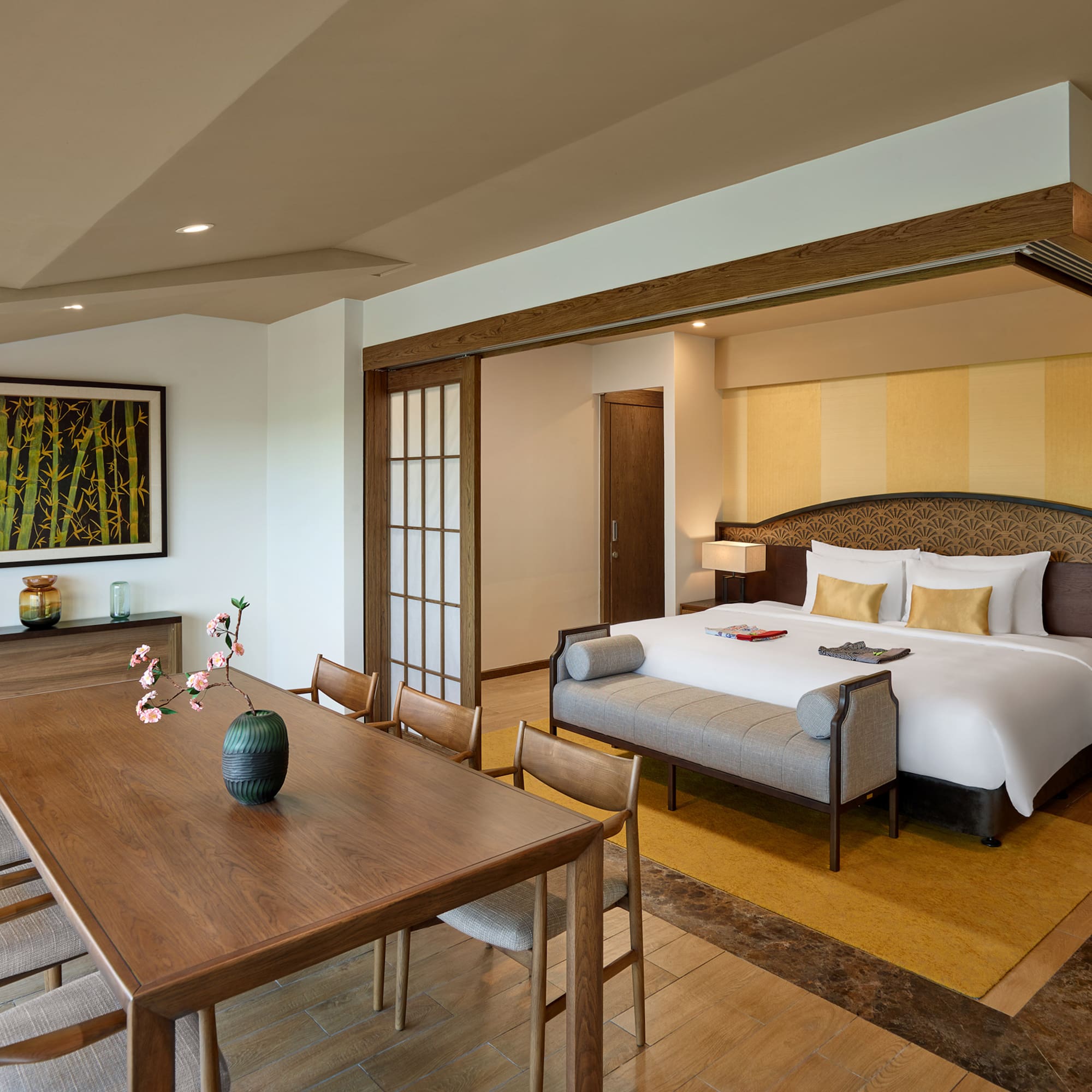 a room with a bed and a table