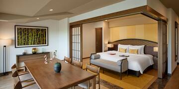 a room with a bed and a table