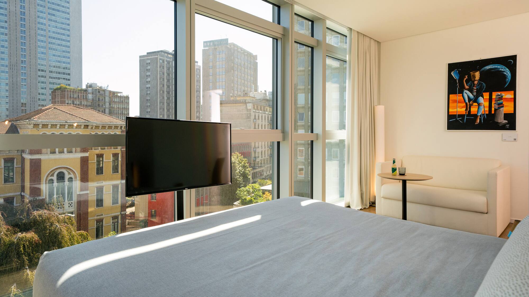 a room with a television and a table