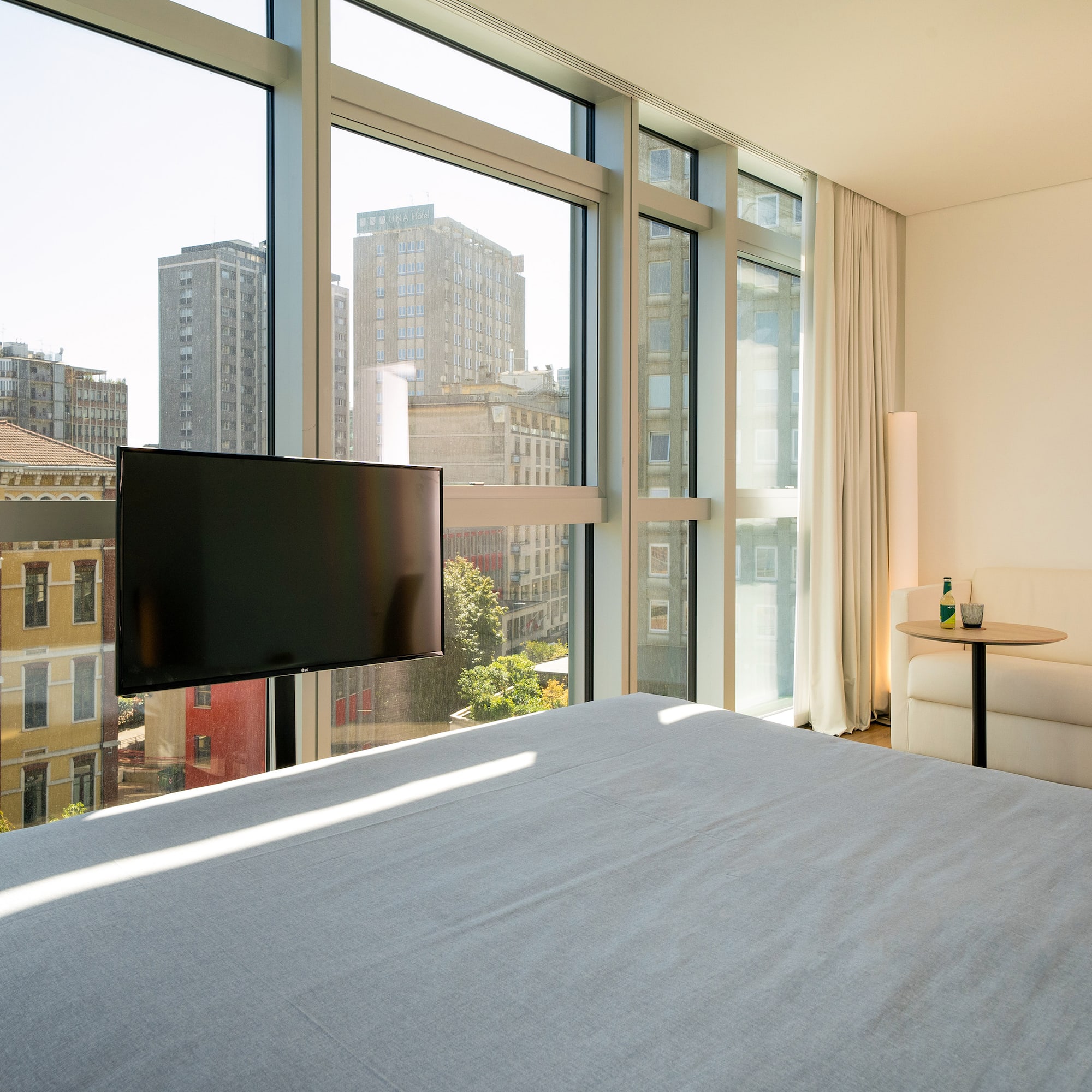 a room with a television and a table