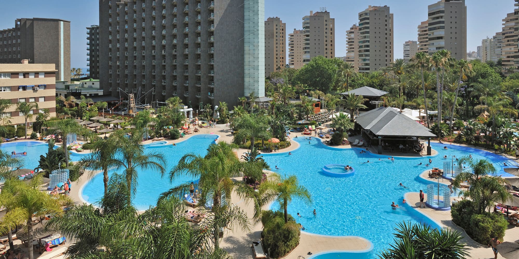 a large pool with palm trees and buildings in the background