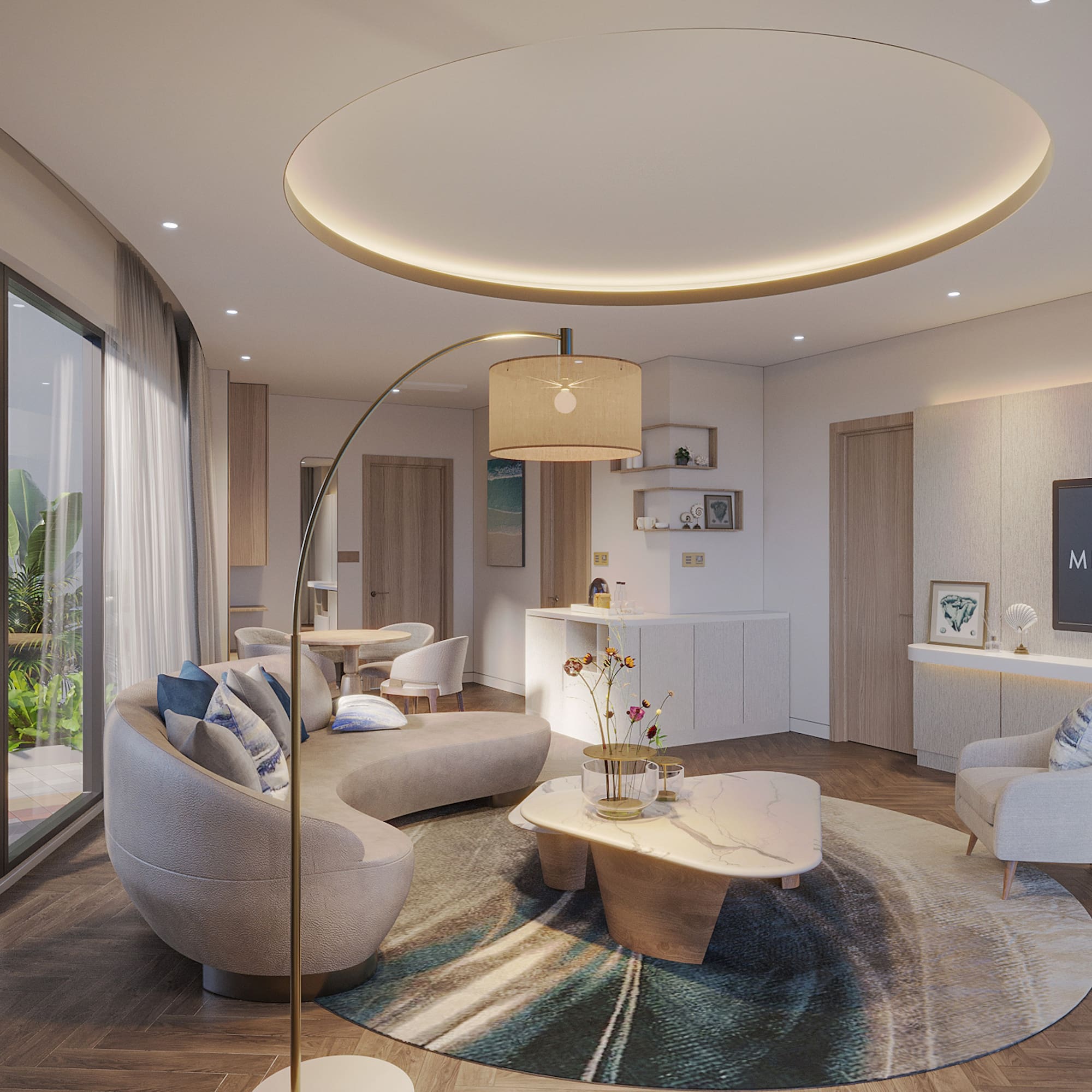 a living room with a round table and couches