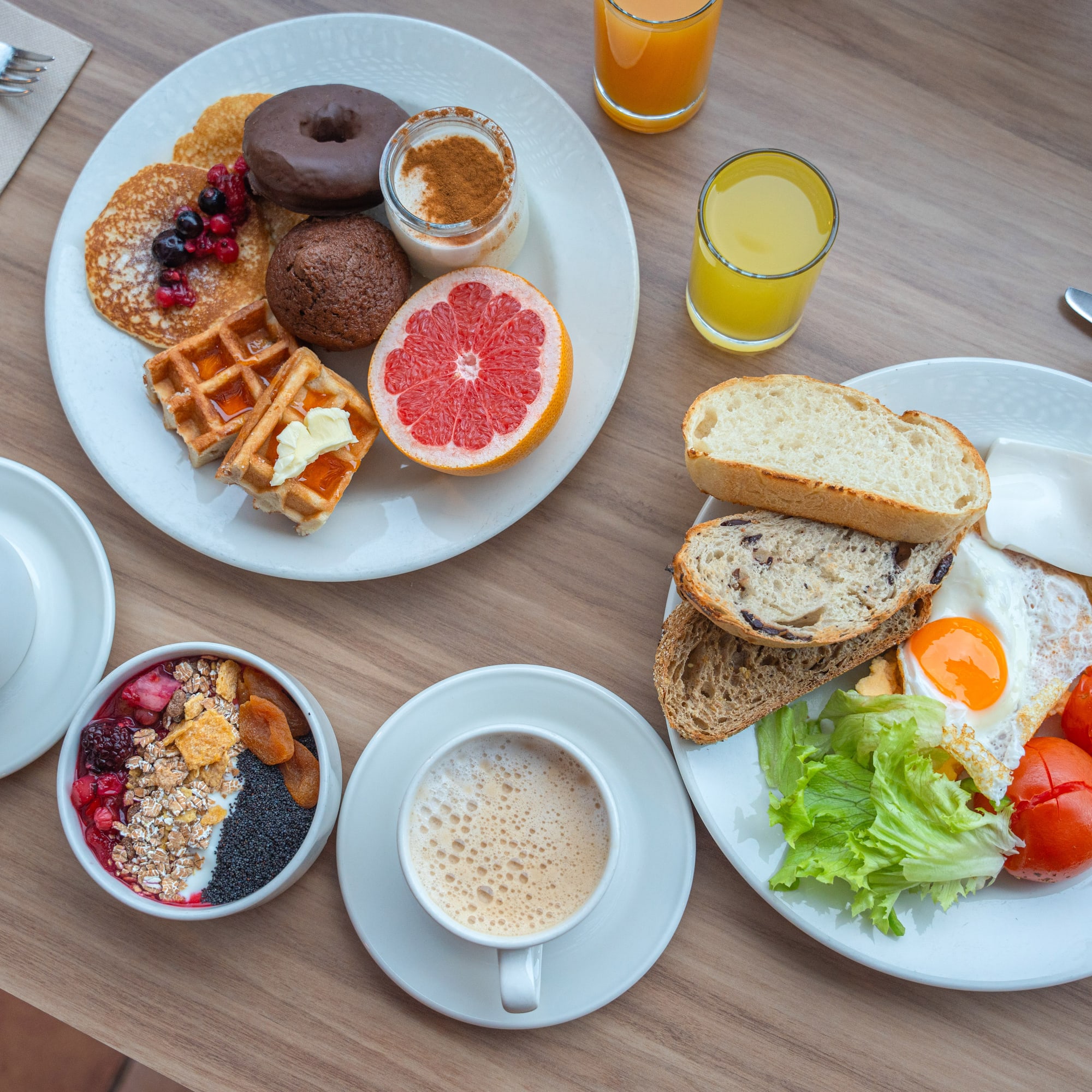 a plate of food and drinks on a table