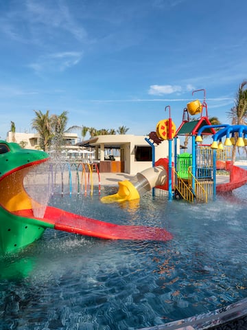 a water park with a large green frog and a slide