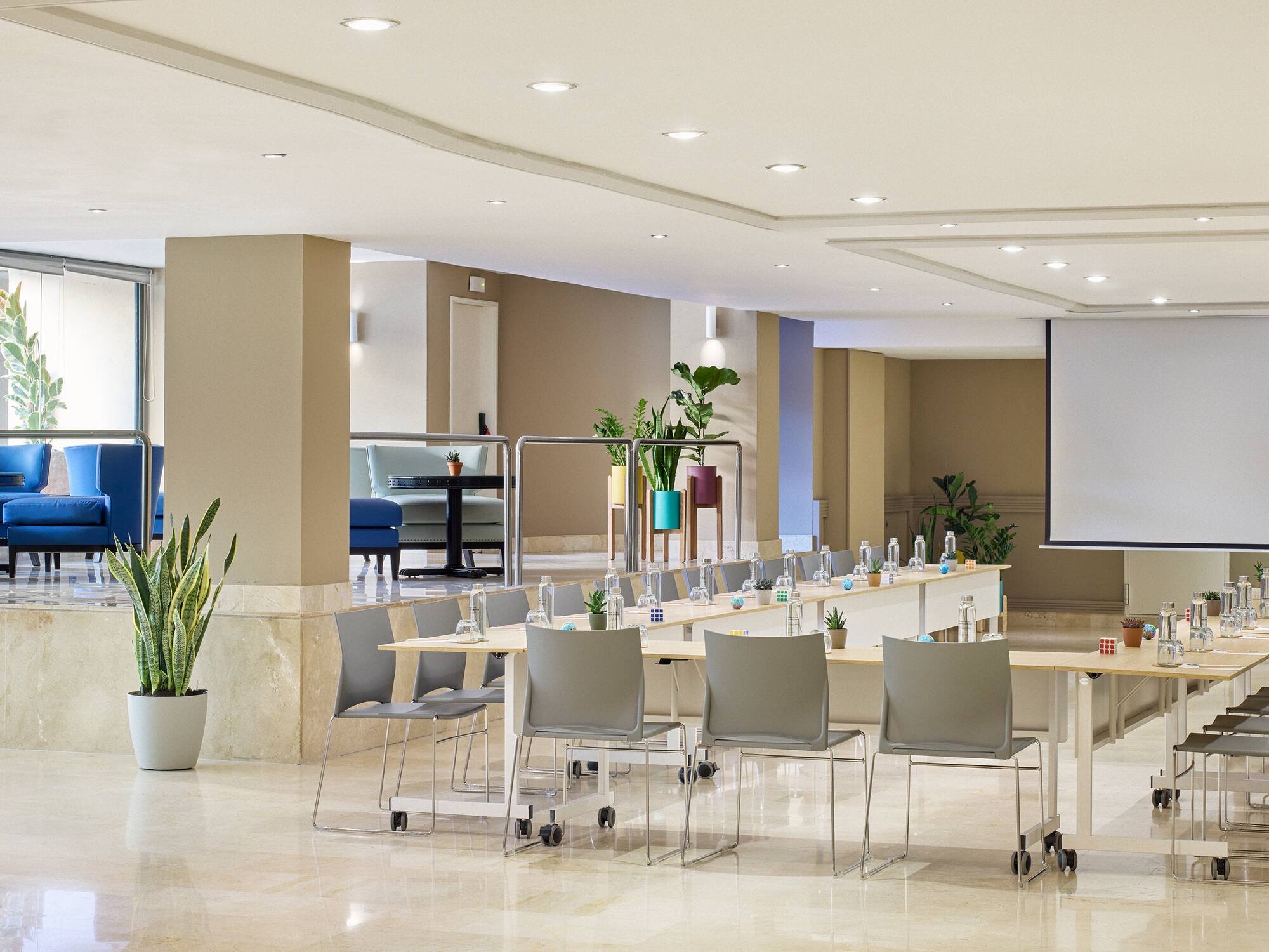 a room with a large table and chairs