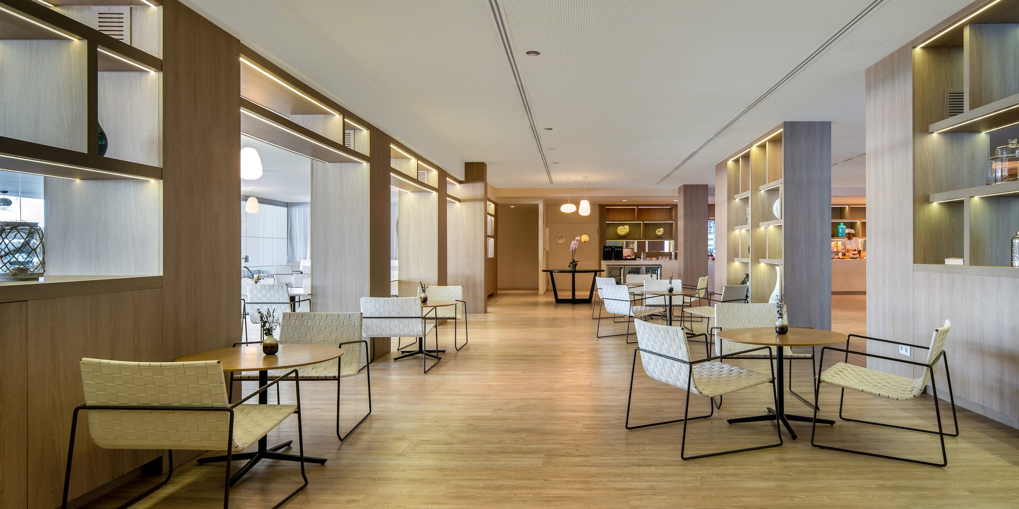 a room with tables and chairs