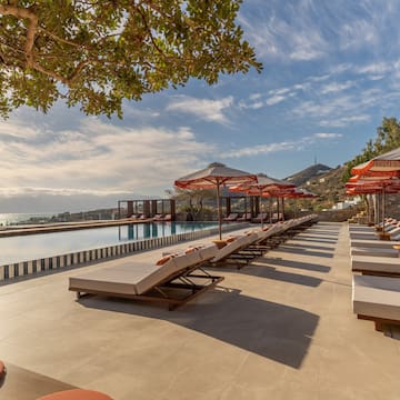 a pool with lounge chairs and umbrellas