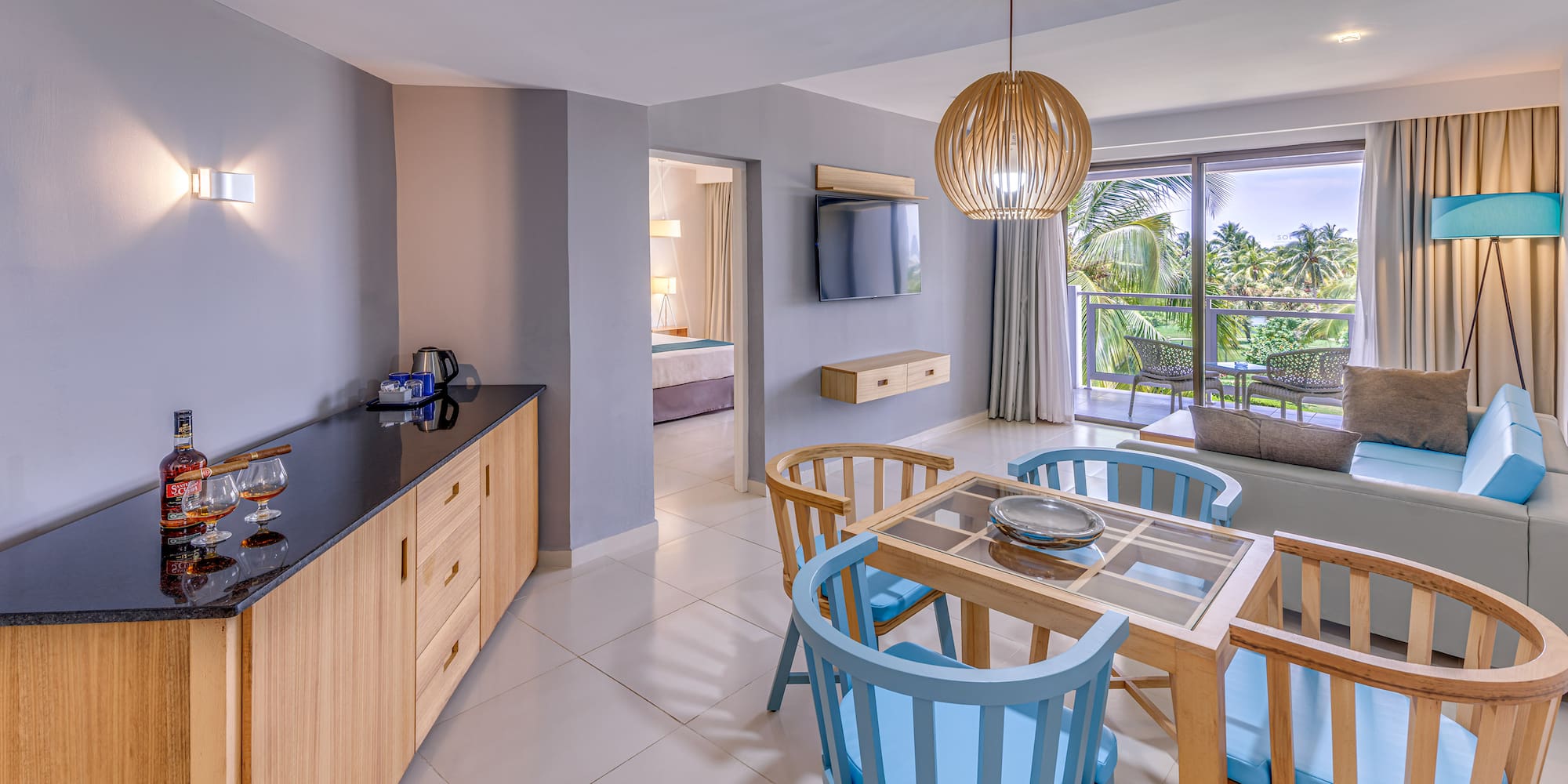 a room with a table and chairs