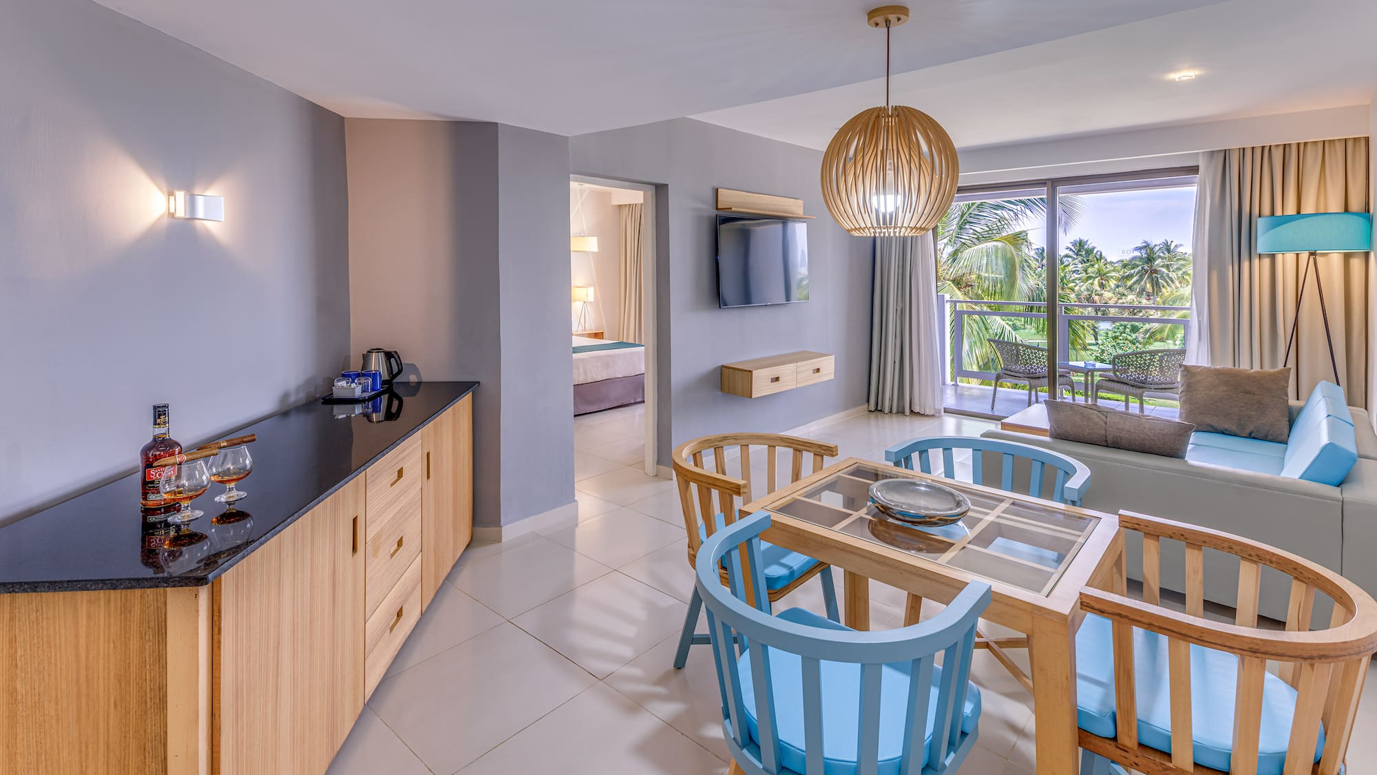 a room with a table and chairs