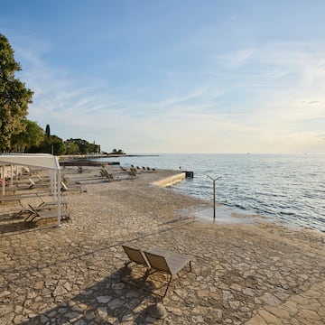 a beach with chairs and umbrellas