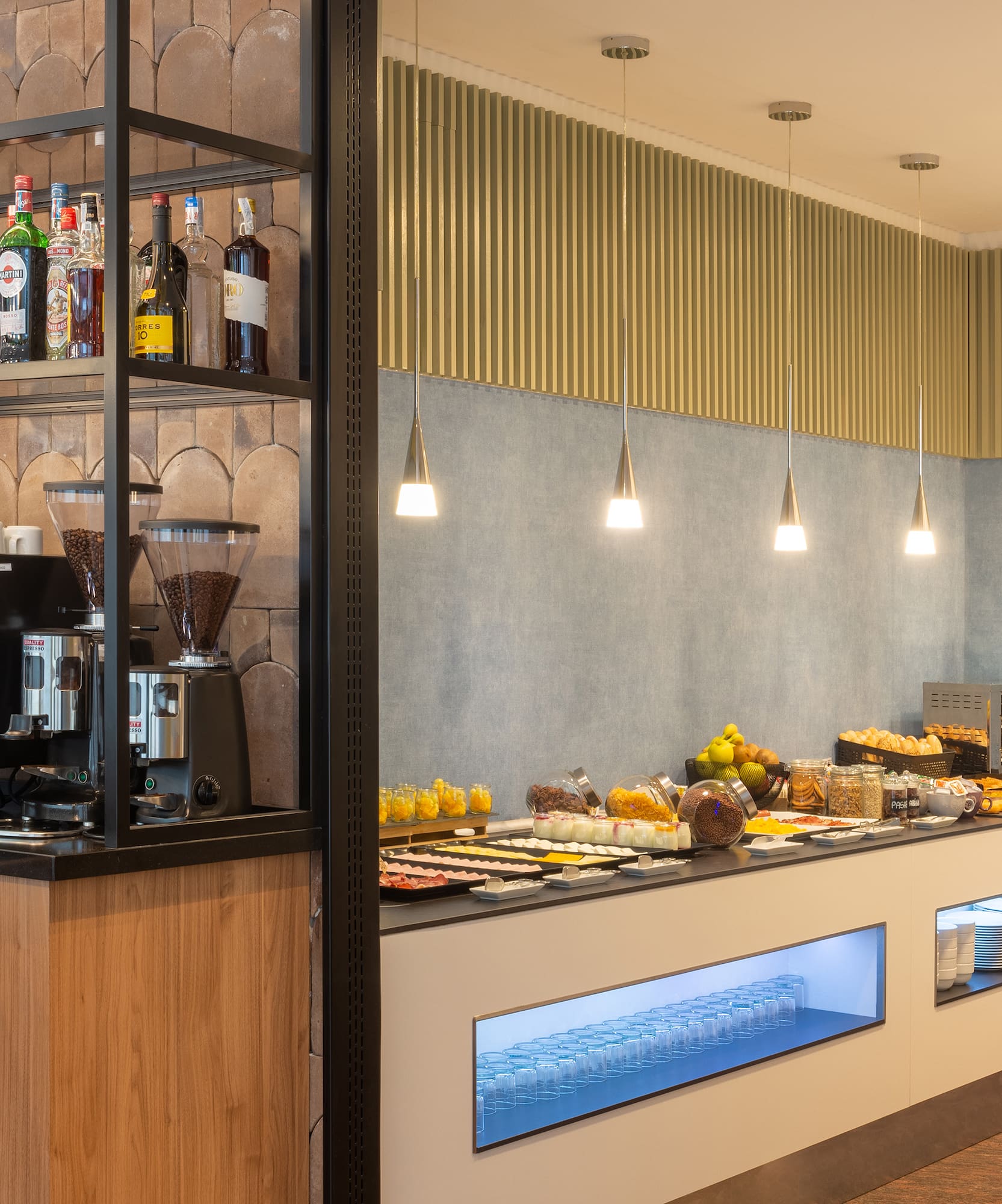 a counter with food and drinks on it