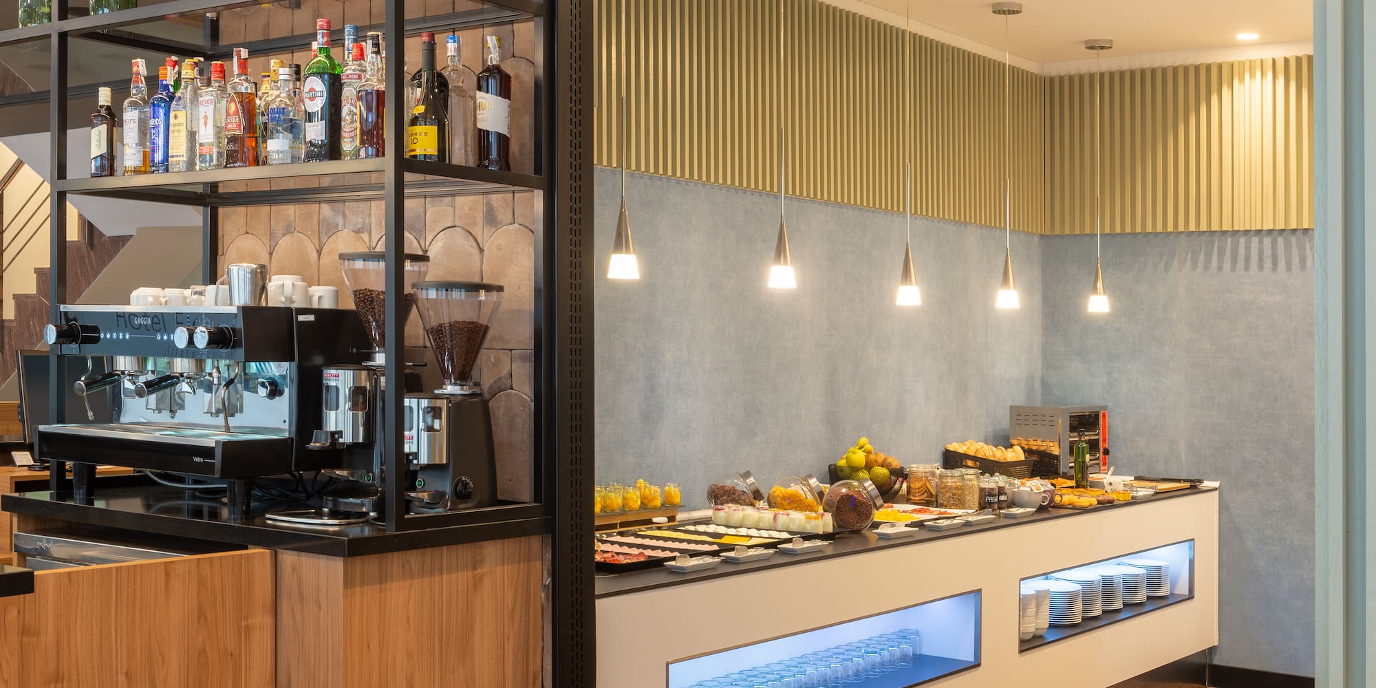 a counter with food and drinks on it