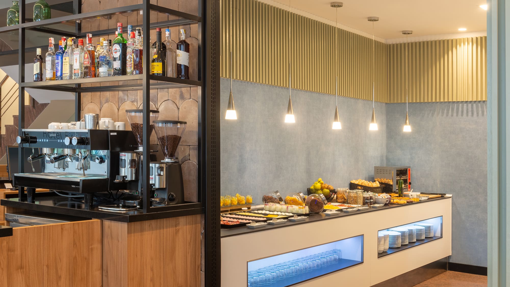 a counter with food and drinks on it