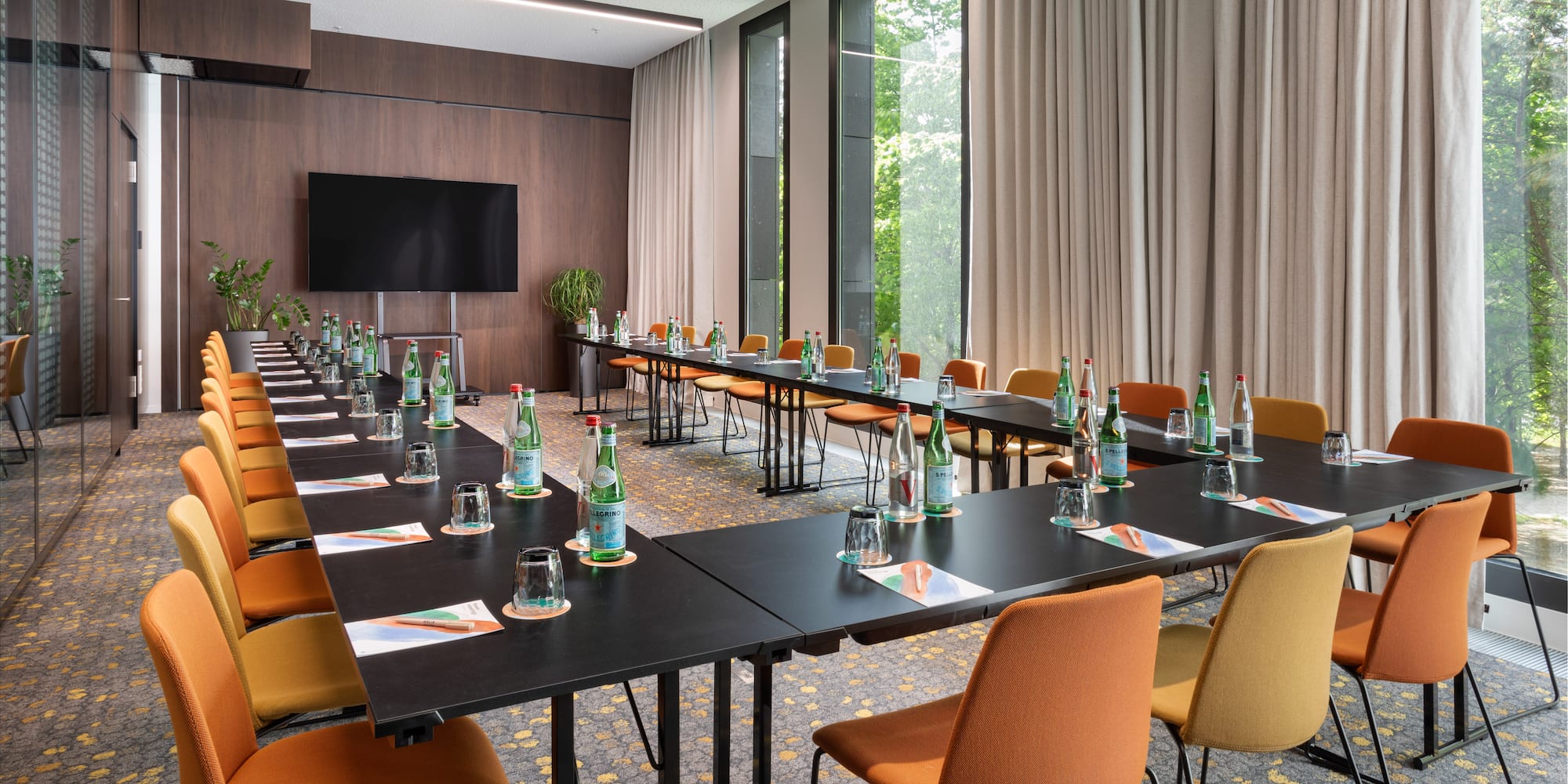 a room with tables and chairs