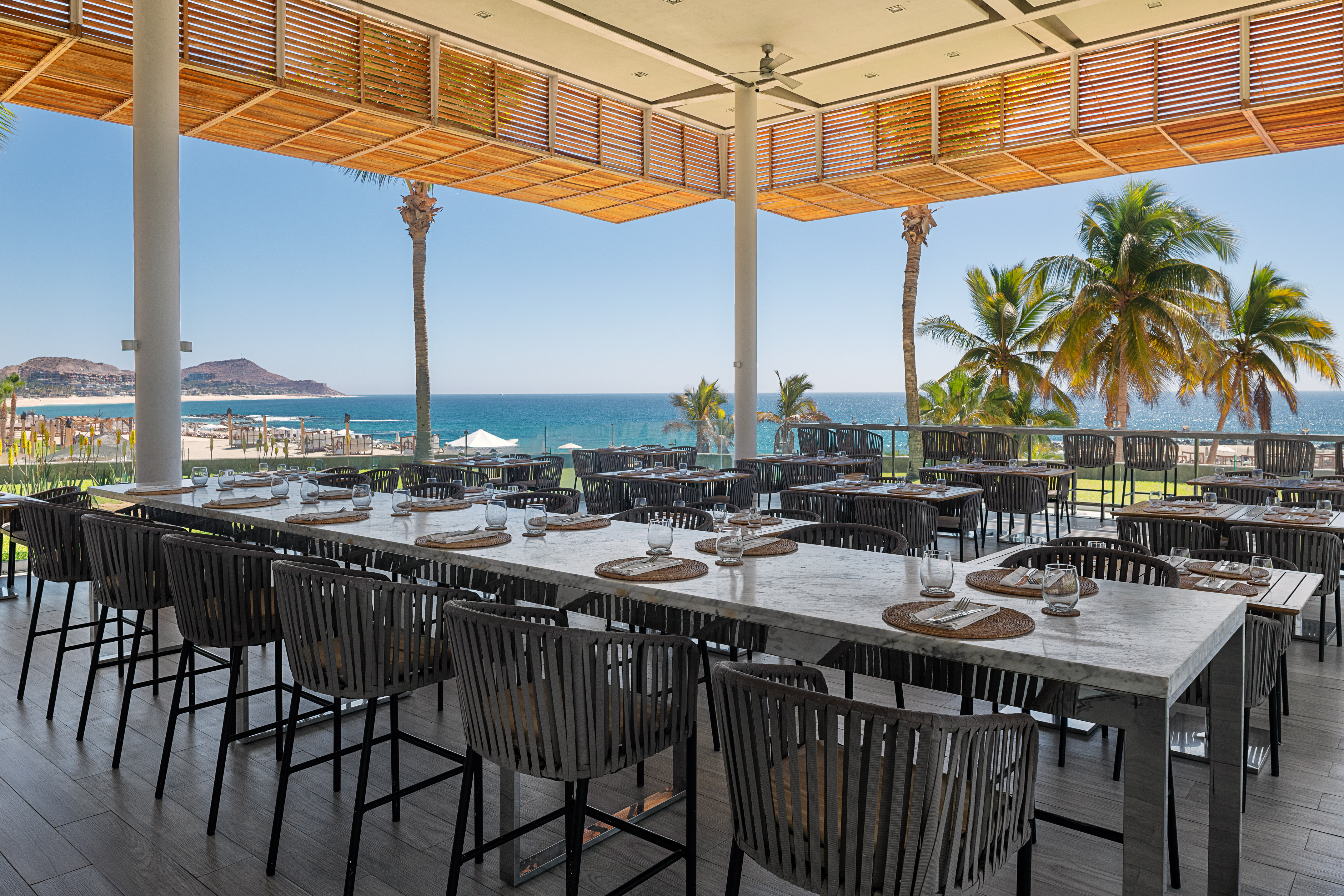 Oceanfront resort restaurant with outdoor dining, palm trees, and beach view.