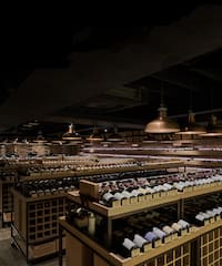 a room with shelves of wine