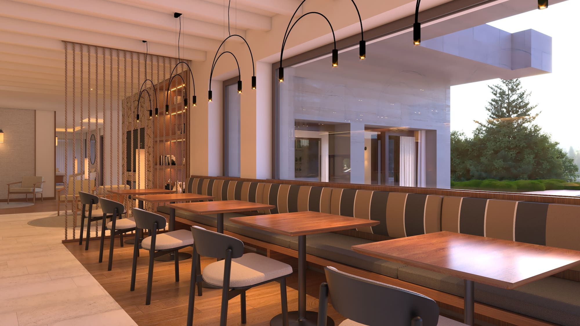 Interior de restaurante moderno com mesas de madeira e sofá estofado. - Restaurante, Cozinha internacional - Hotel Golf Santa Ponsa Meliá Collection, Maiorca