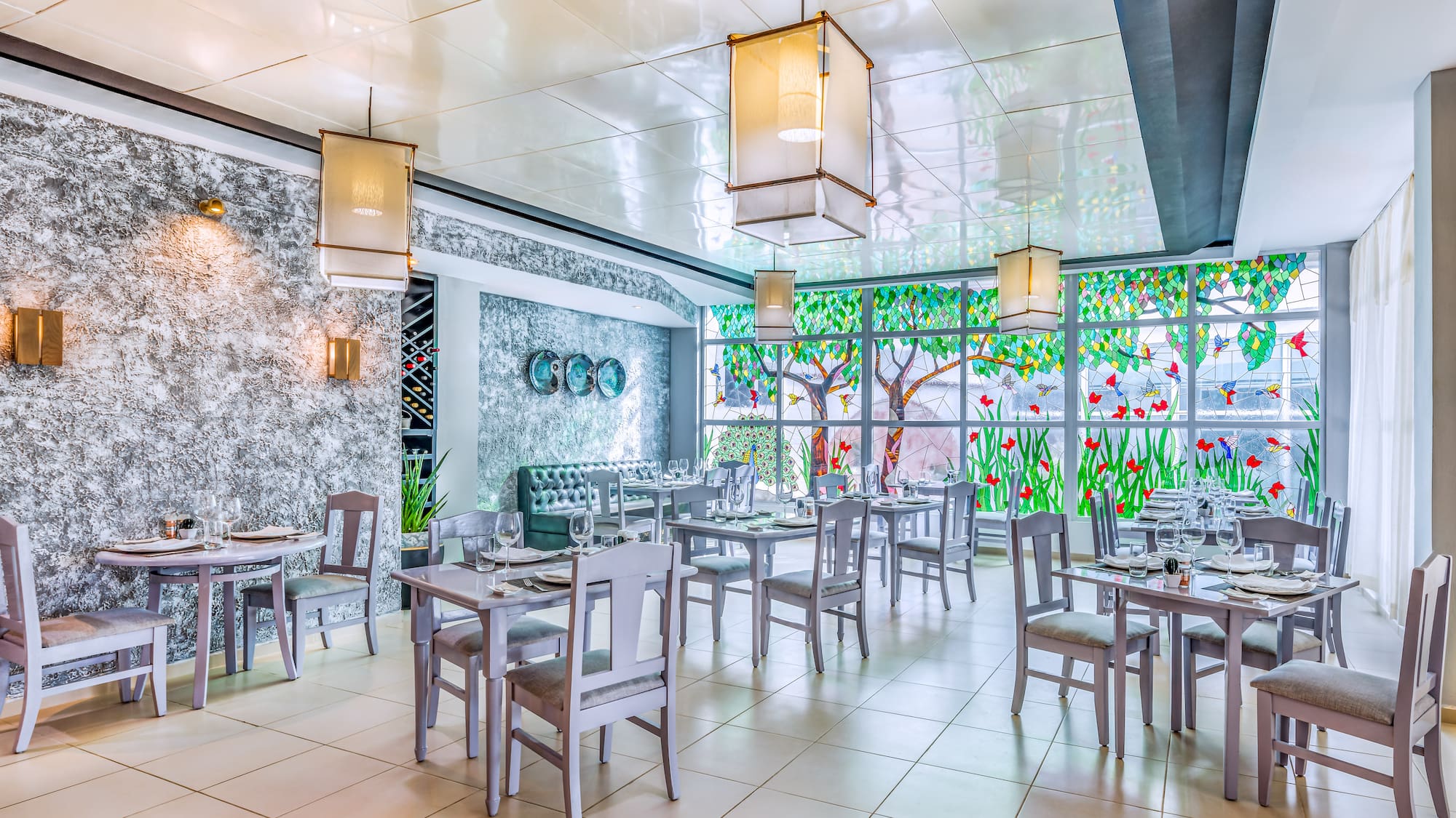 a restaurant with tables and chairs