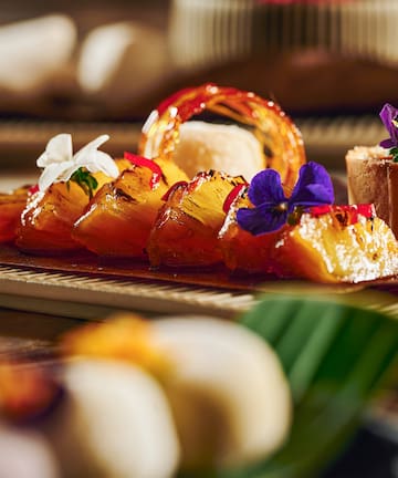 a plate of food with flowers