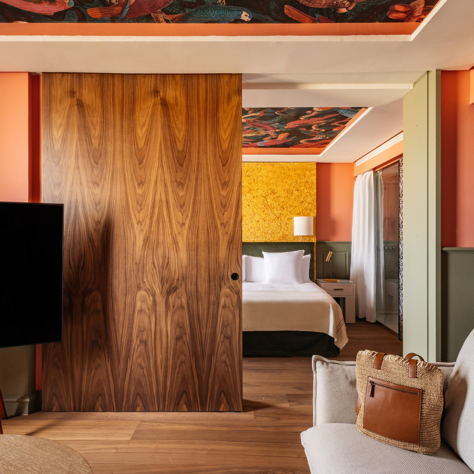 a room with a door and a couch