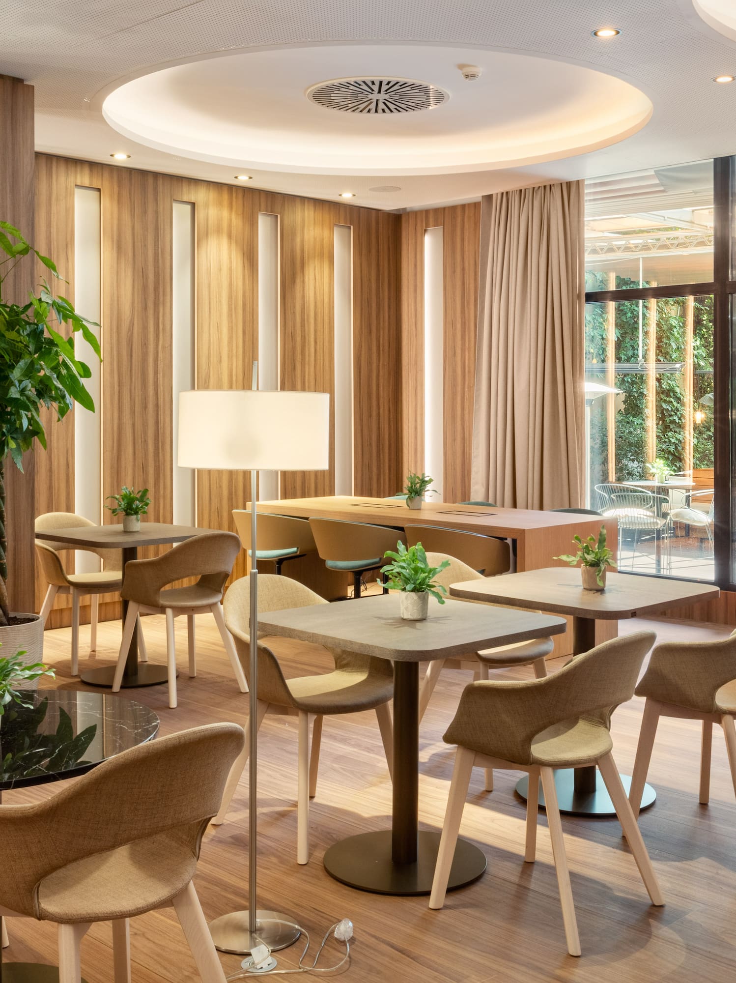 a room with tables and chairs