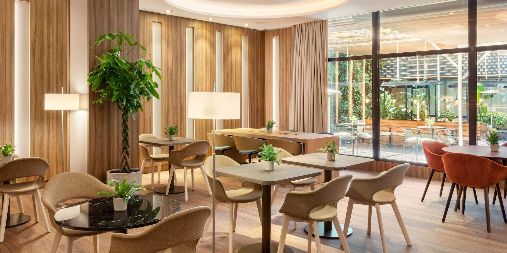 a room with tables and chairs