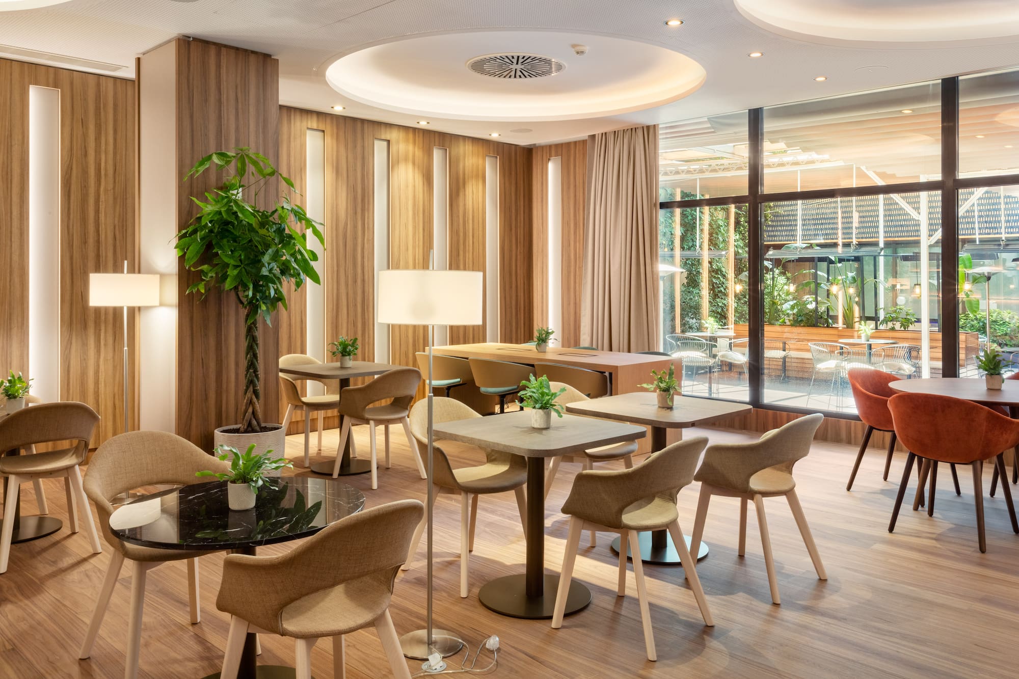a room with tables and chairs