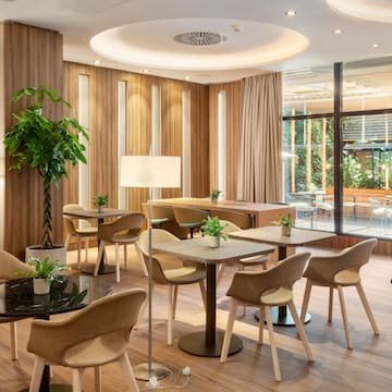 a room with tables and chairs